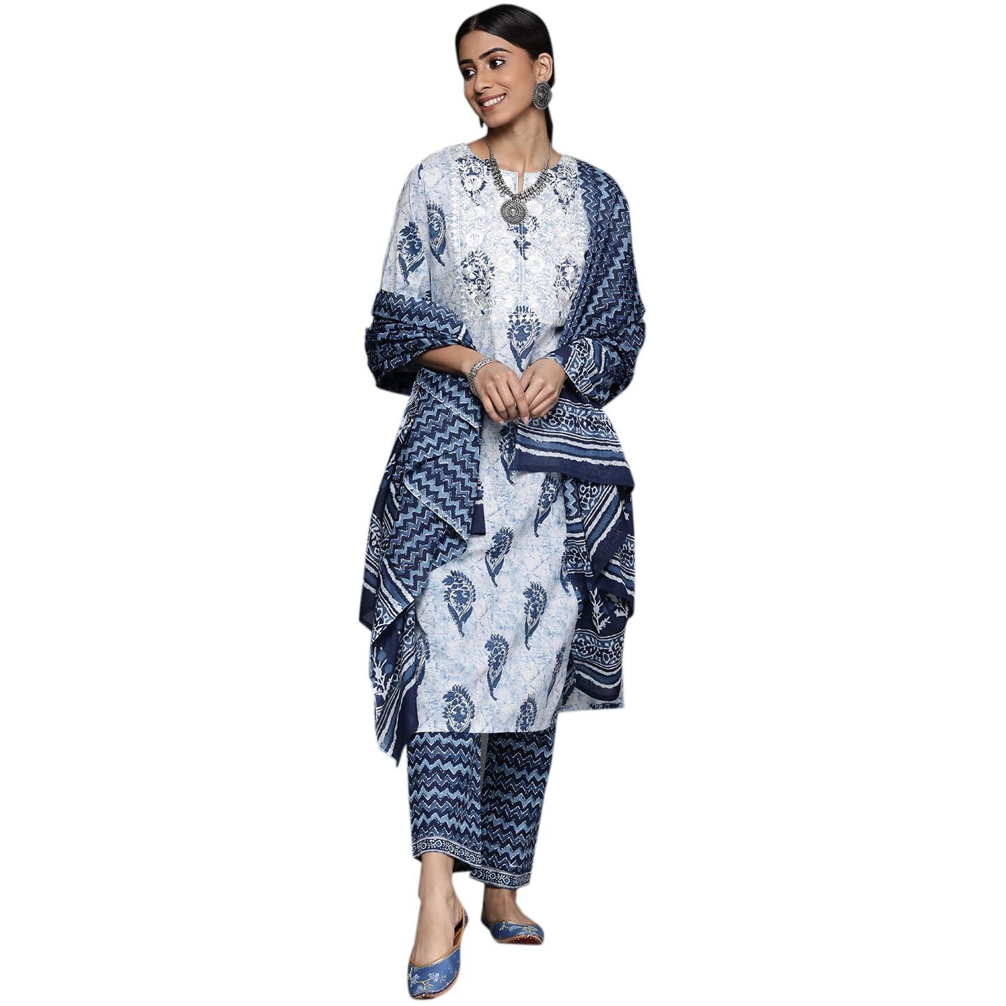 Libas Womens Printed Cotton Straight Kurta With Trousers And Dupatta