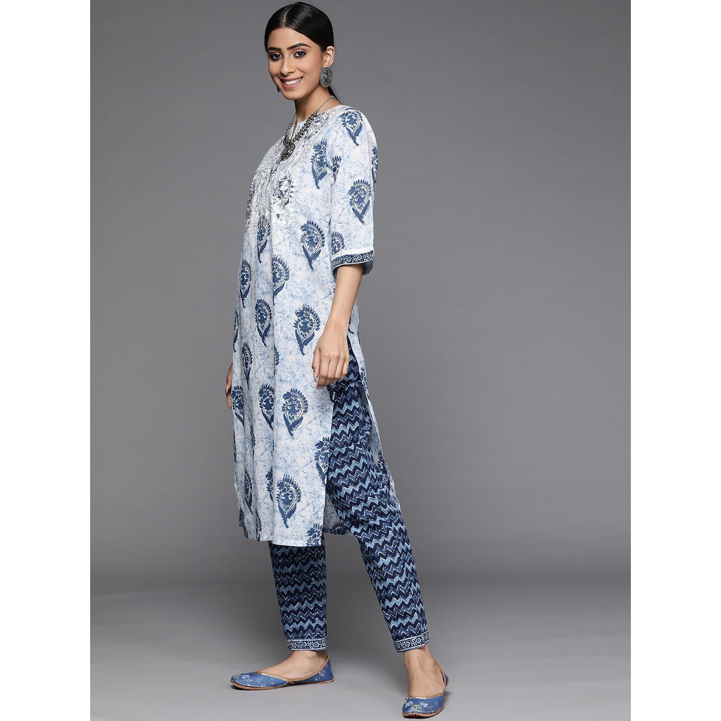 Libas Womens Printed Cotton Straight Kurta With Trousers And Dupatta