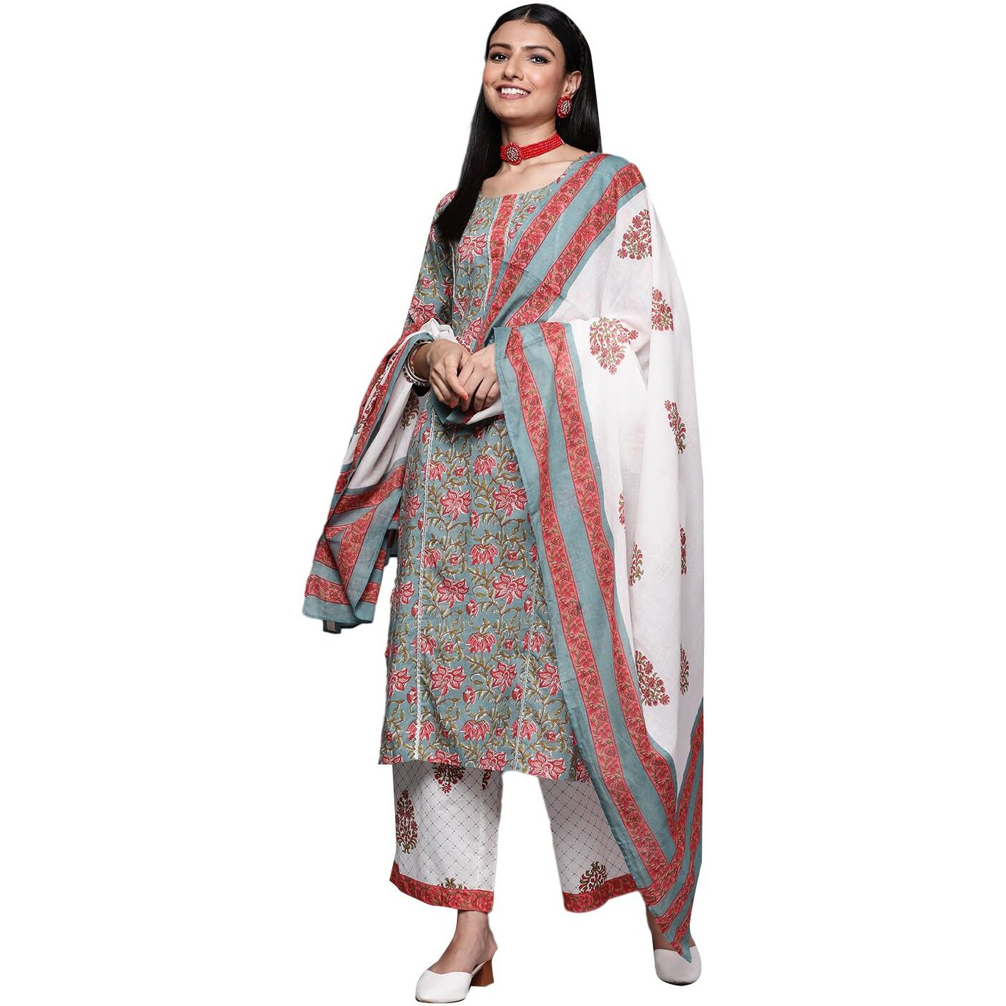 Libas Womens Printed Cotton Straight Kurta With Palazzos And Dupatta