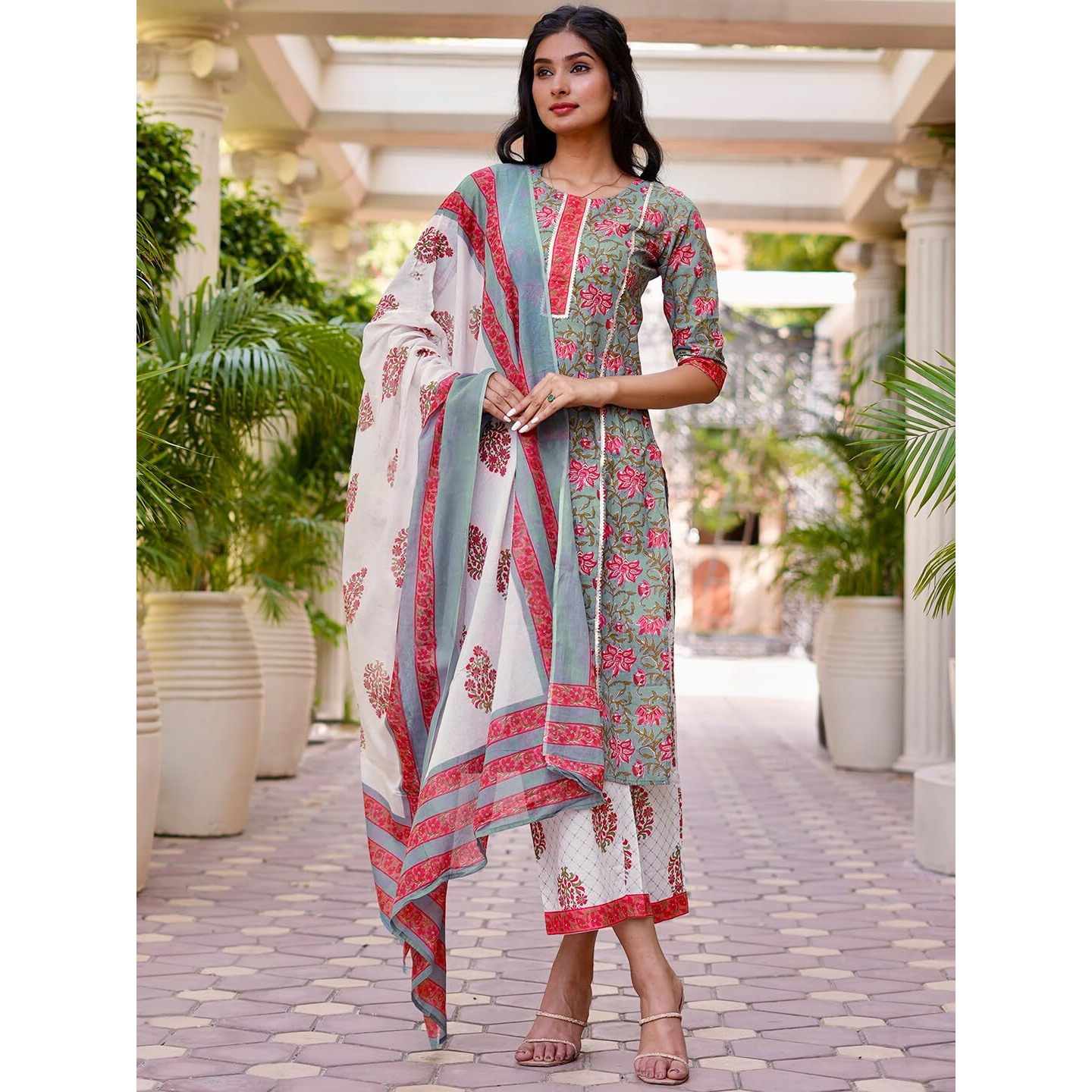 Libas Womens Printed Cotton Straight Kurta With Palazzos And Dupatta