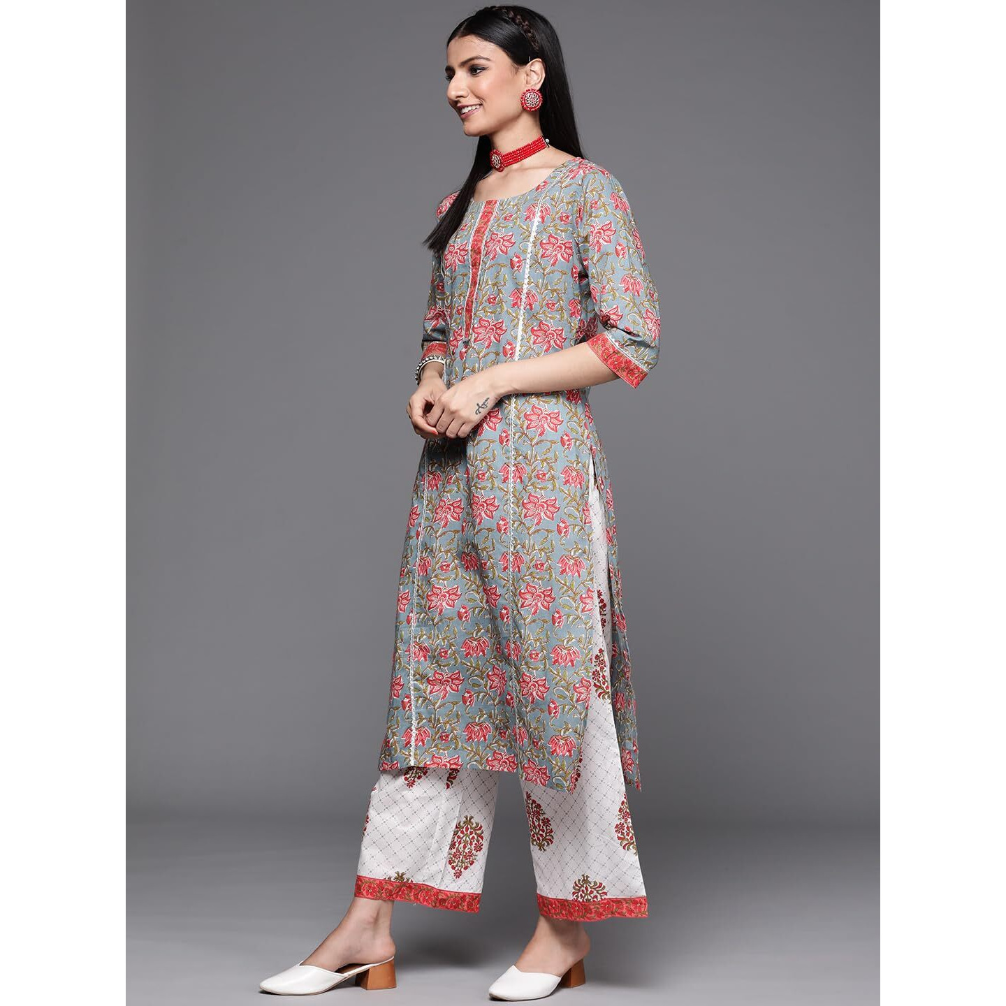 Libas Womens Printed Cotton Straight Kurta With Palazzos And Dupatta