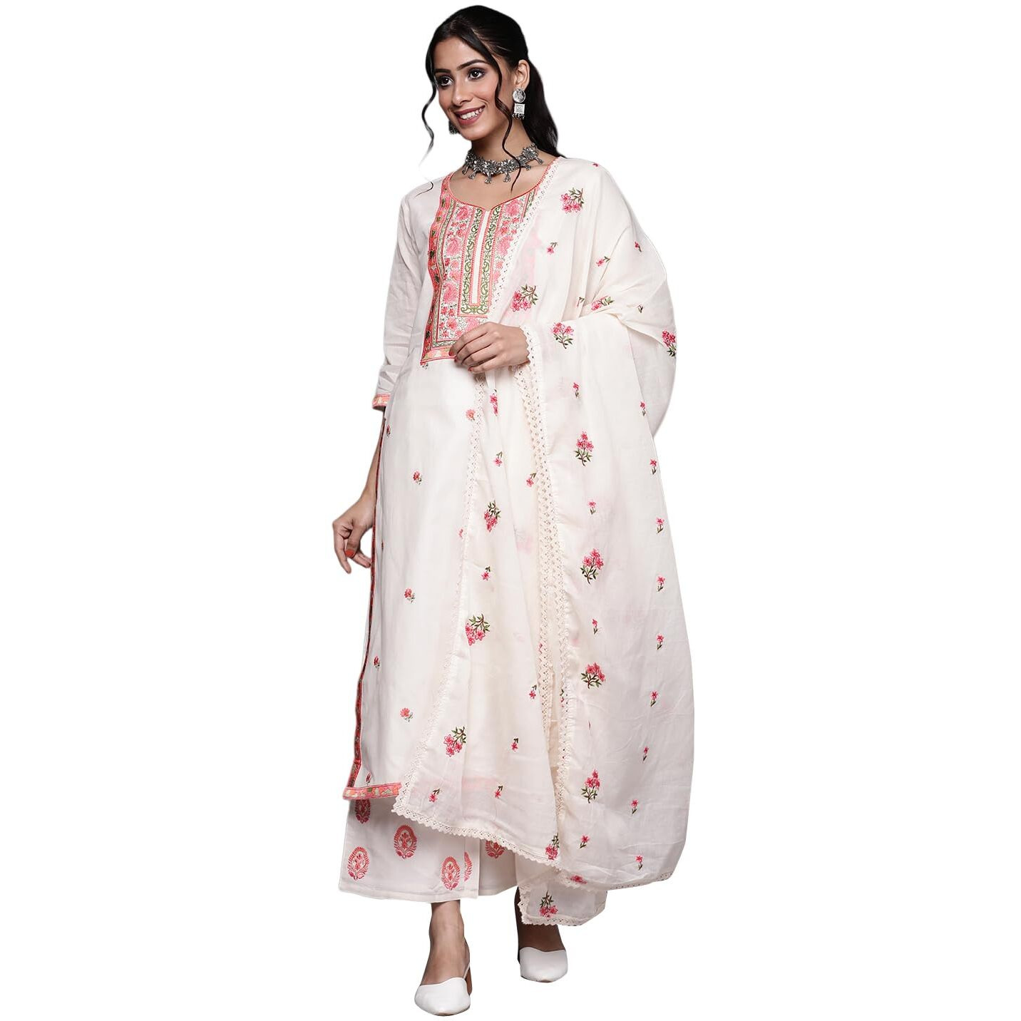 Libas Womens Yoke Design Cotton Straight Kurta With Palazzos And Dupatta