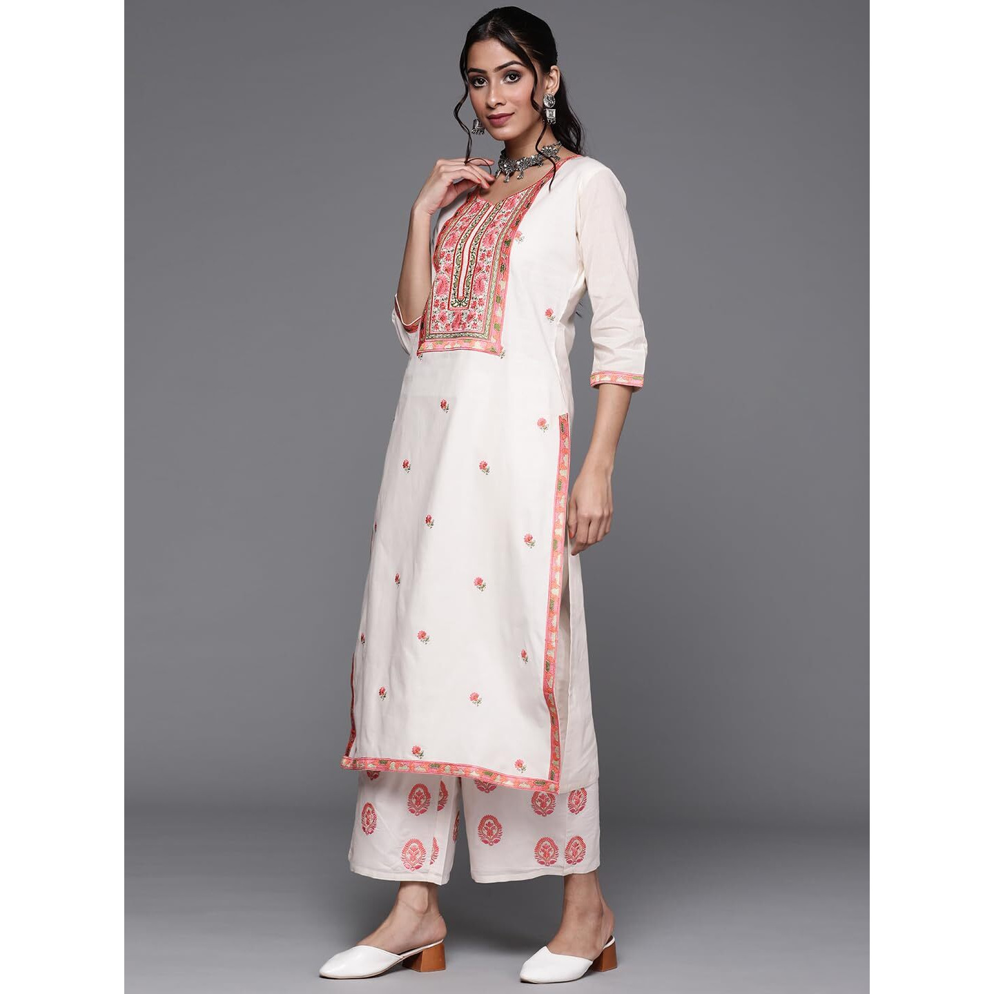 Libas Womens Yoke Design Cotton Straight Kurta With Palazzos And Dupatta