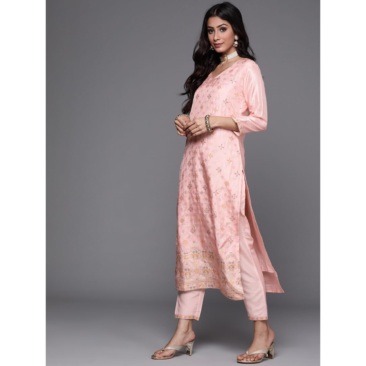 Libas Womens Woven Design Silk Blend Straight Kurta With Trousers And Dupatta