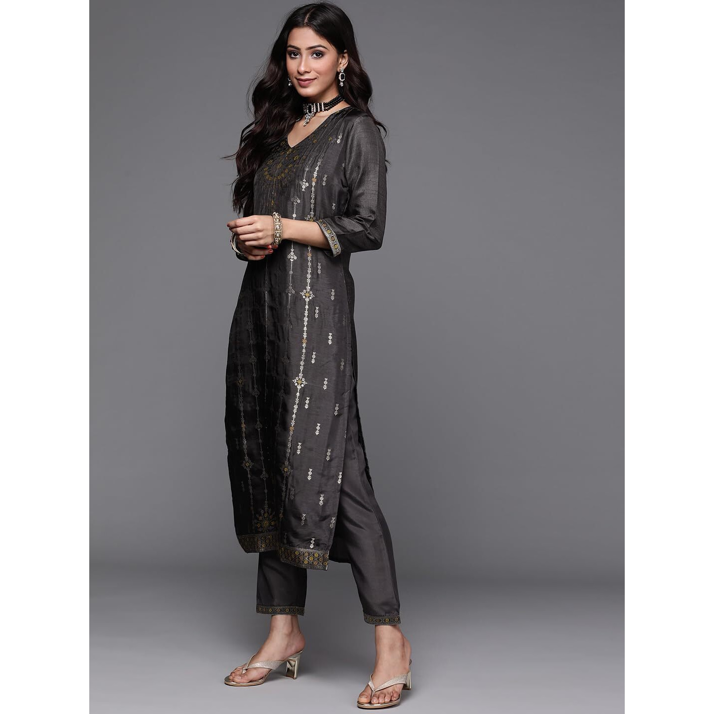 Libas Women's Silk Blend Kurta Sets (33340O_Charcoal