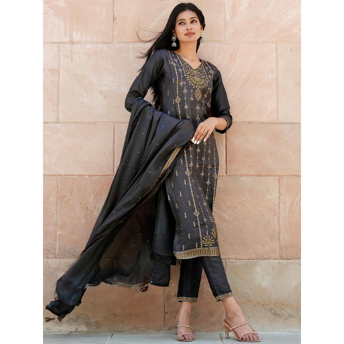 Libas Women's Silk Blend Kurta Sets (33340O_Charcoal