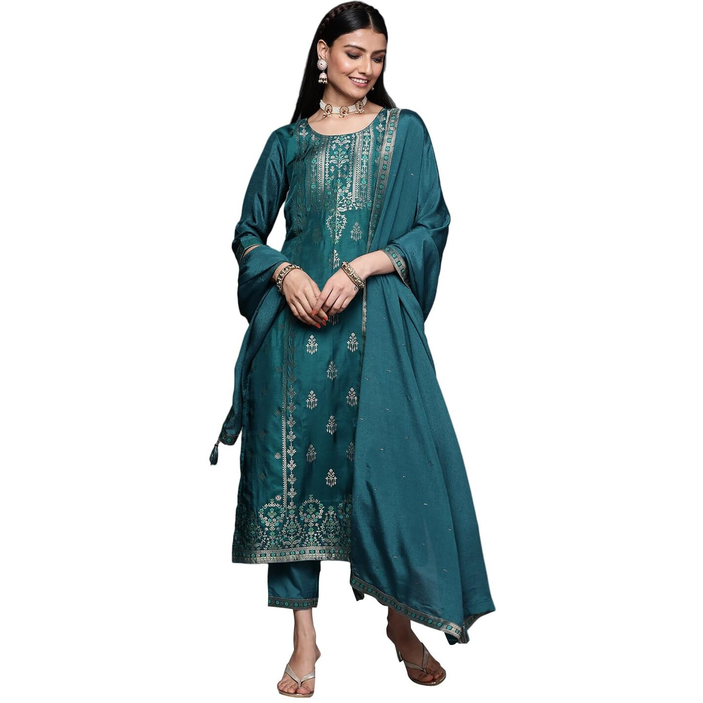 Libas Womens Embellished Silk Blend Straight Kurta With Trousers And Dupatta