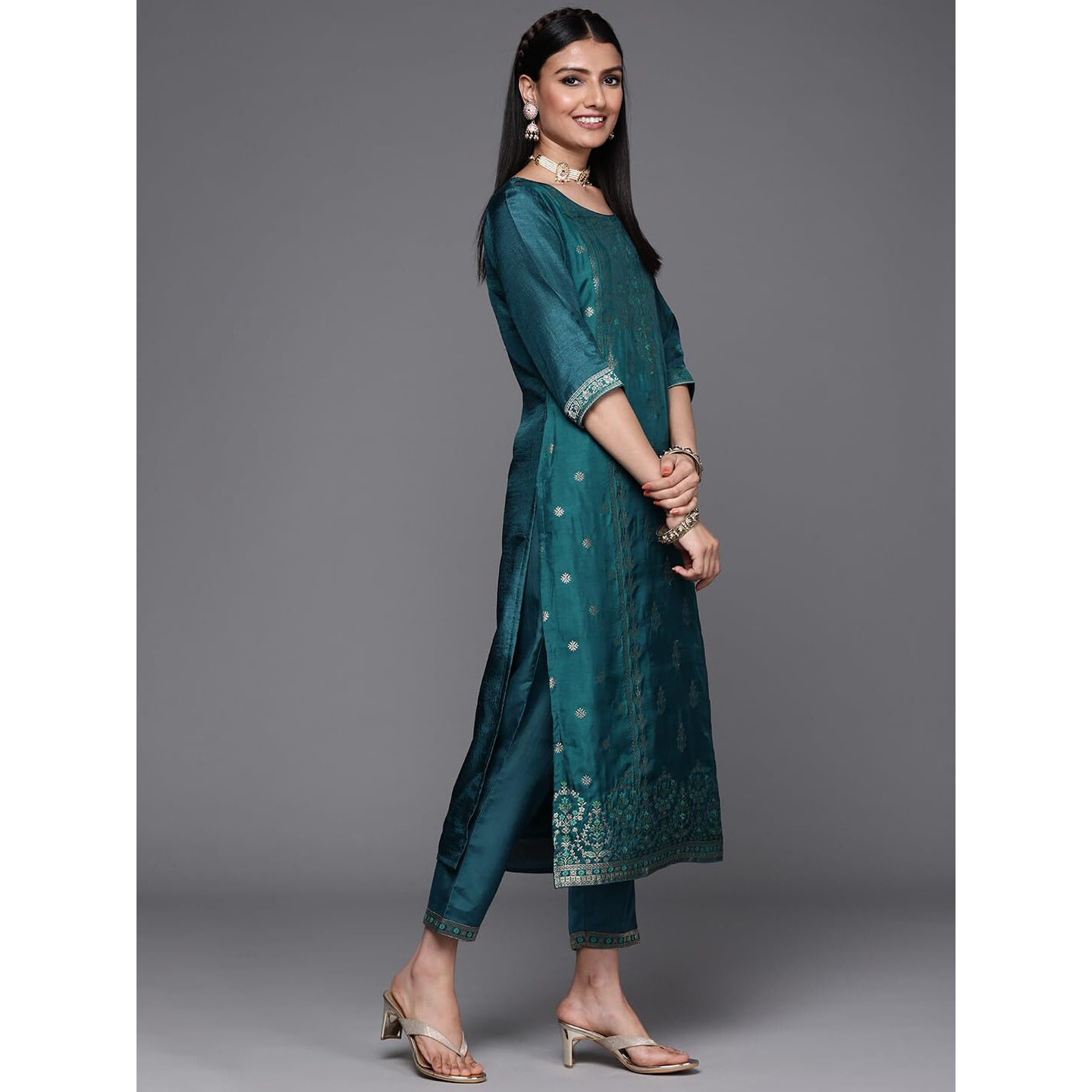 Libas Womens Embellished Silk Blend Straight Kurta With Trousers And Dupatta