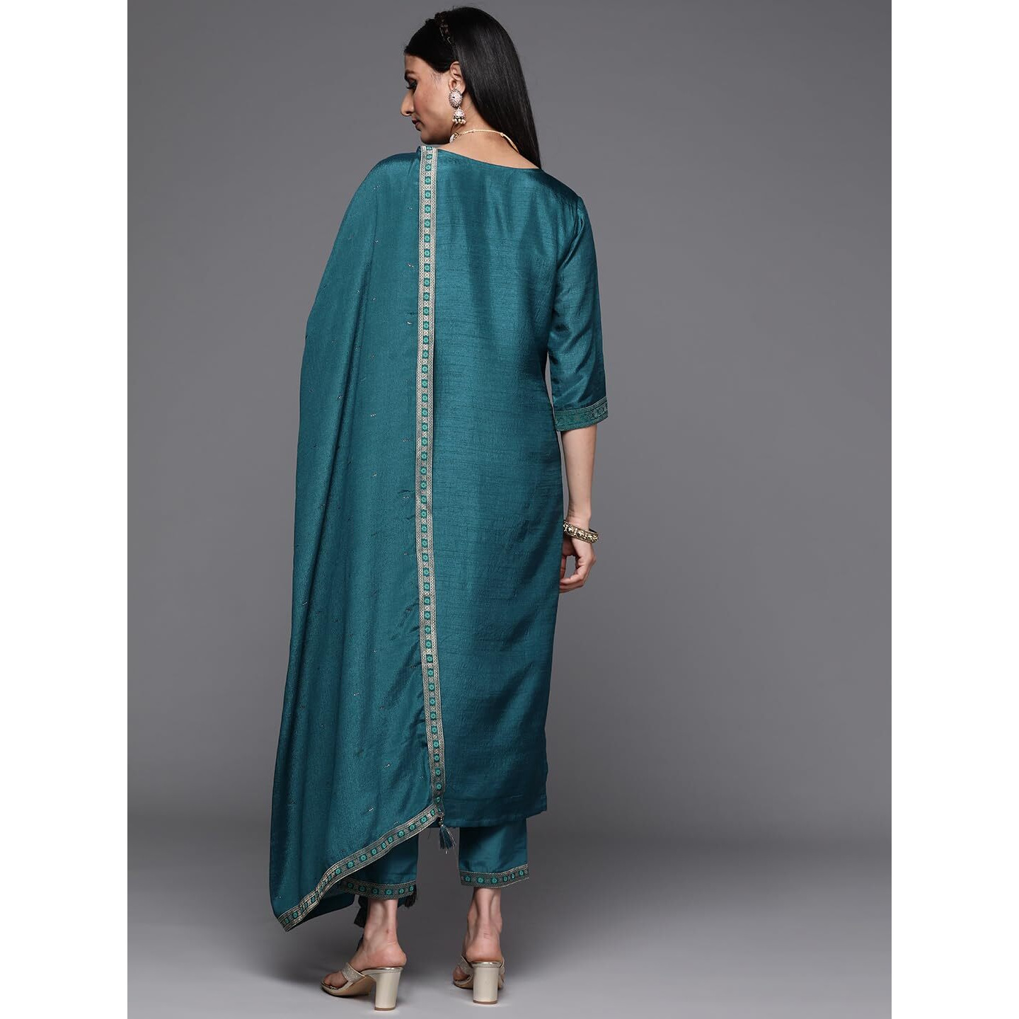 Libas Womens Embellished Silk Blend Straight Kurta With Trousers And Dupatta