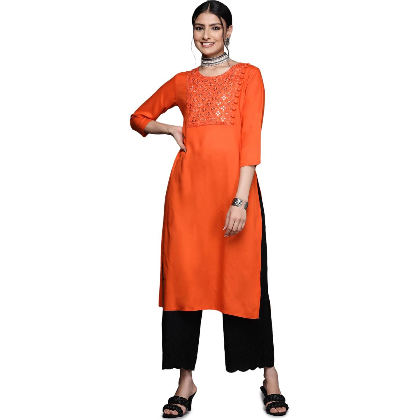 Libas Women's Rayon Blend Yoke Design Straight Kurtas (23483_Orange