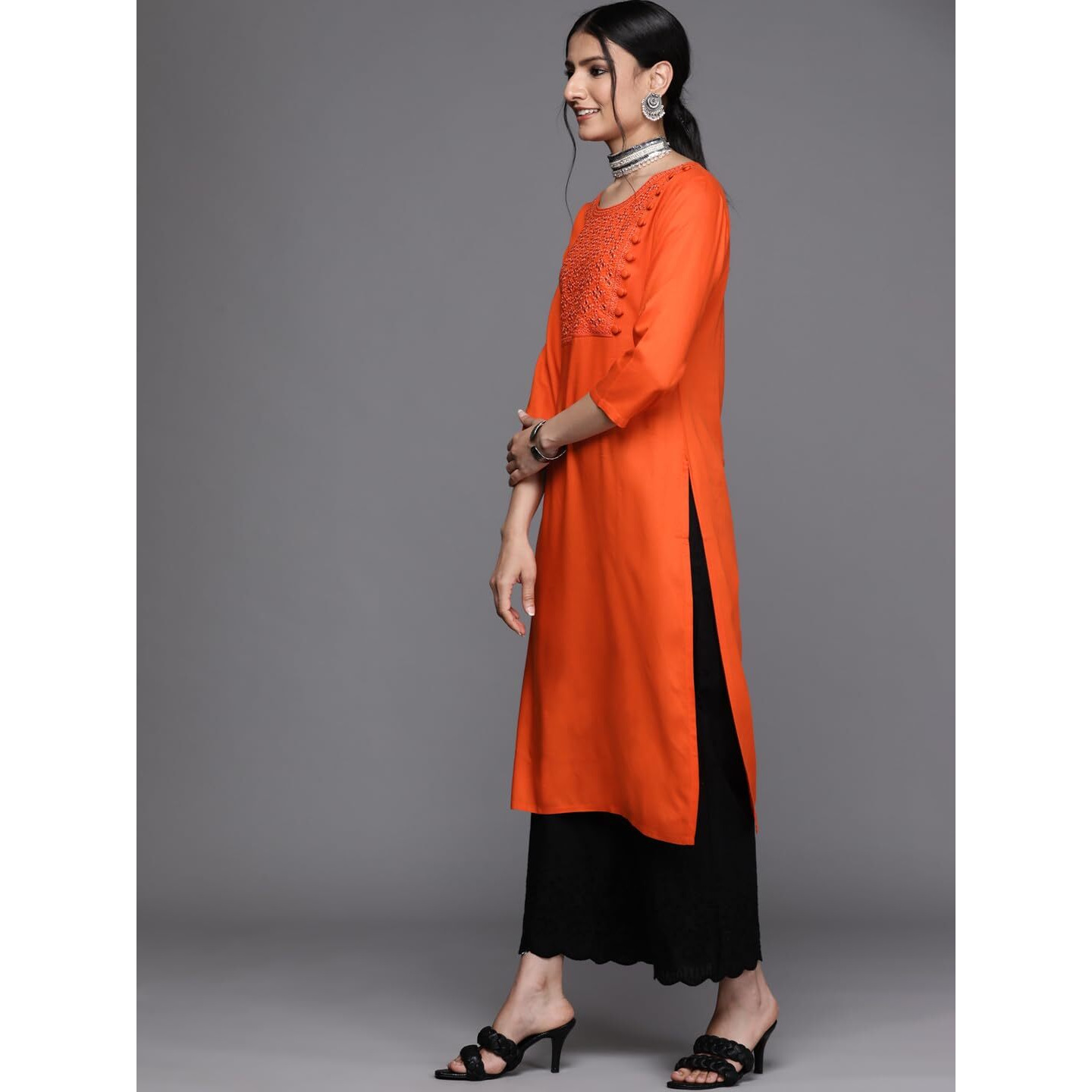 Libas Women's Rayon Blend Yoke Design Straight Kurtas (23483_Orange