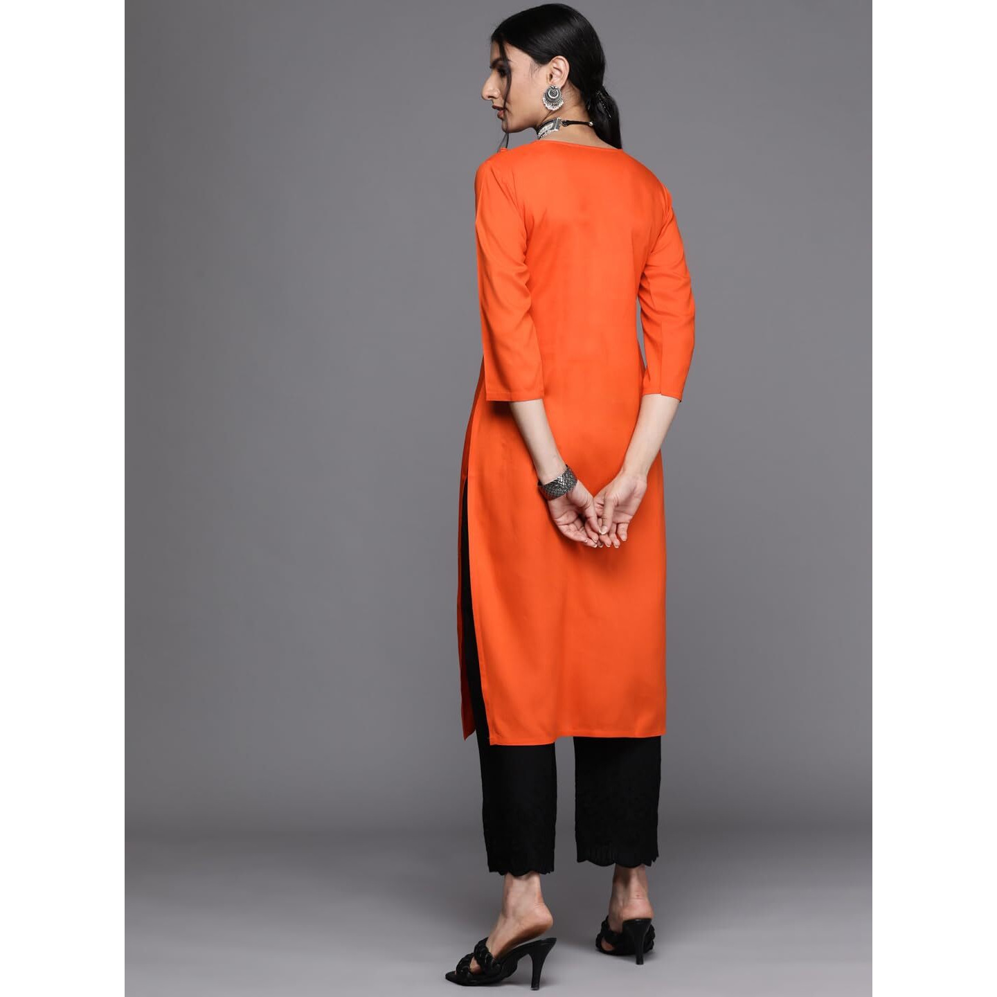 Libas Women's Rayon Blend Yoke Design Straight Kurtas (23483_Orange