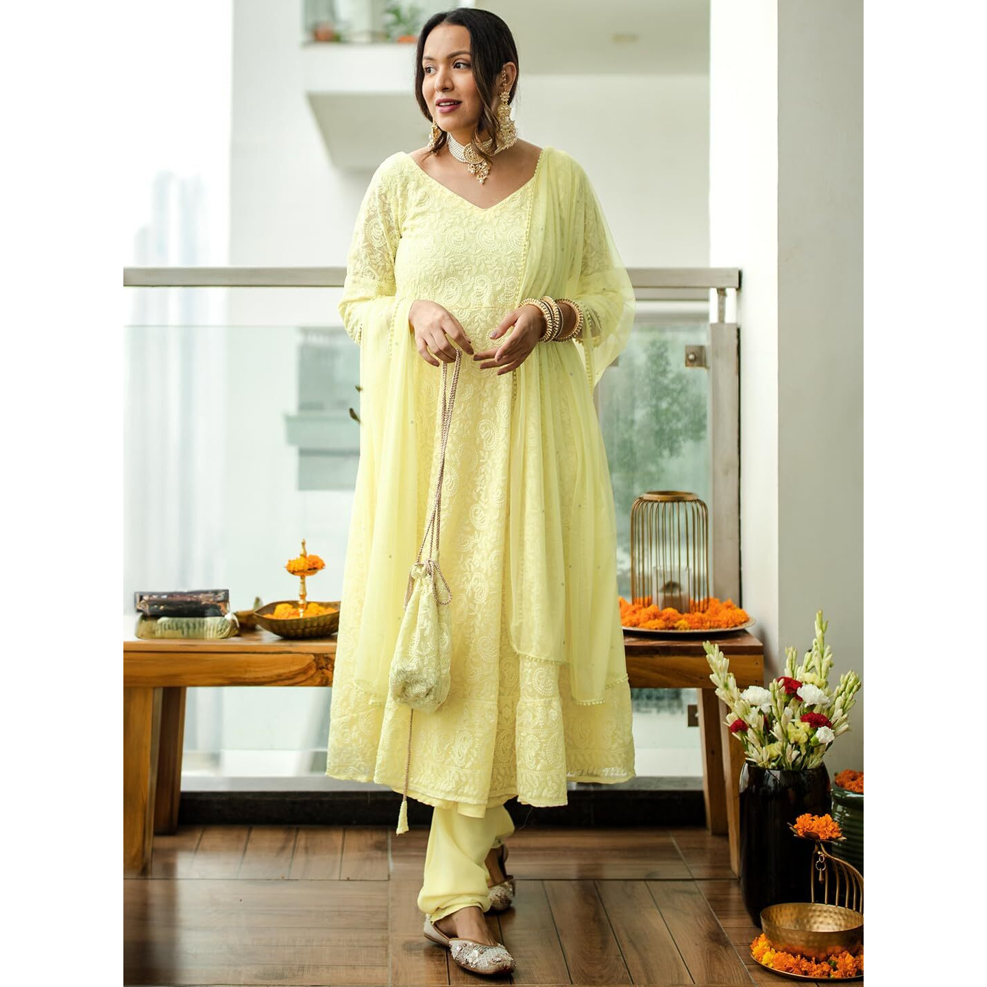 Libas Women's Poly Georgette Kurta Sets (33373O_Yellow