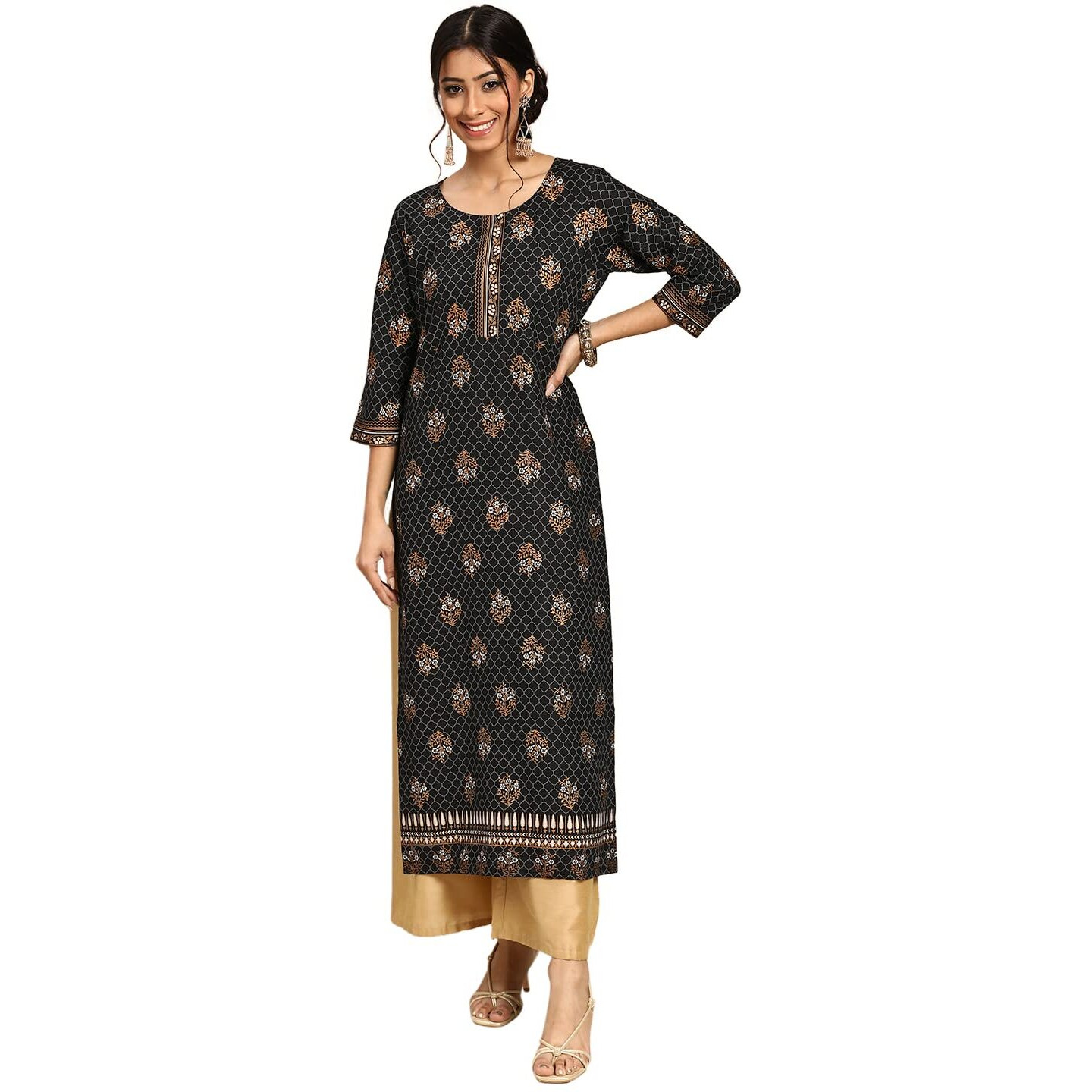Gerua Women's Viscose Rayon Floral Straight Kurta (G2484_Black_Xs)
