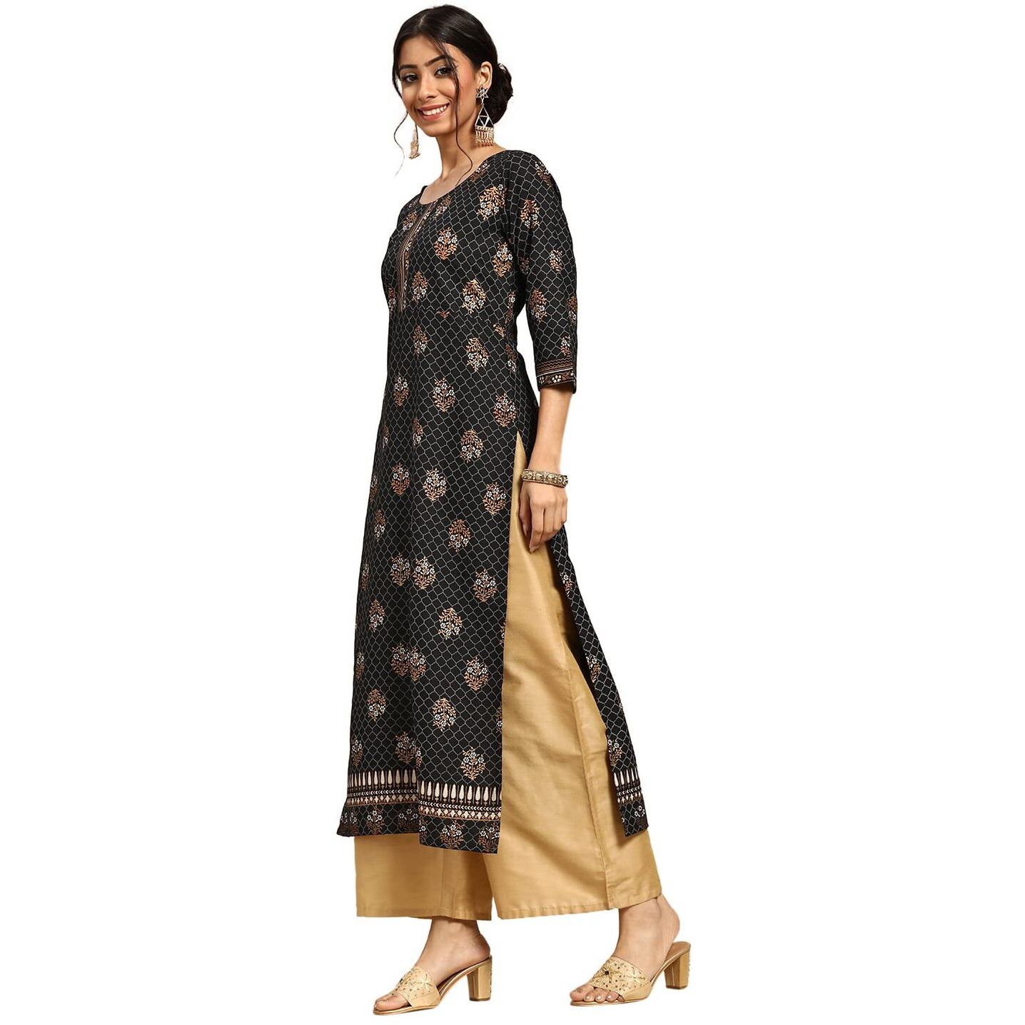Gerua Women's Viscose Rayon Floral Straight Kurta (G2484_Black_Xs)