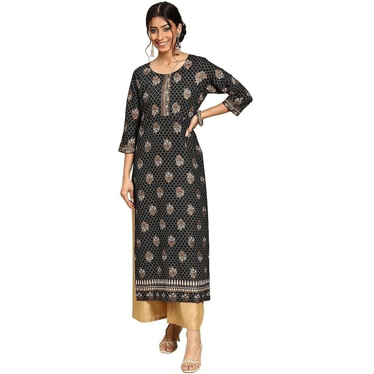 Libas Women's Viscose Rayon Floral Straight Kurta (G2484_Black_S)