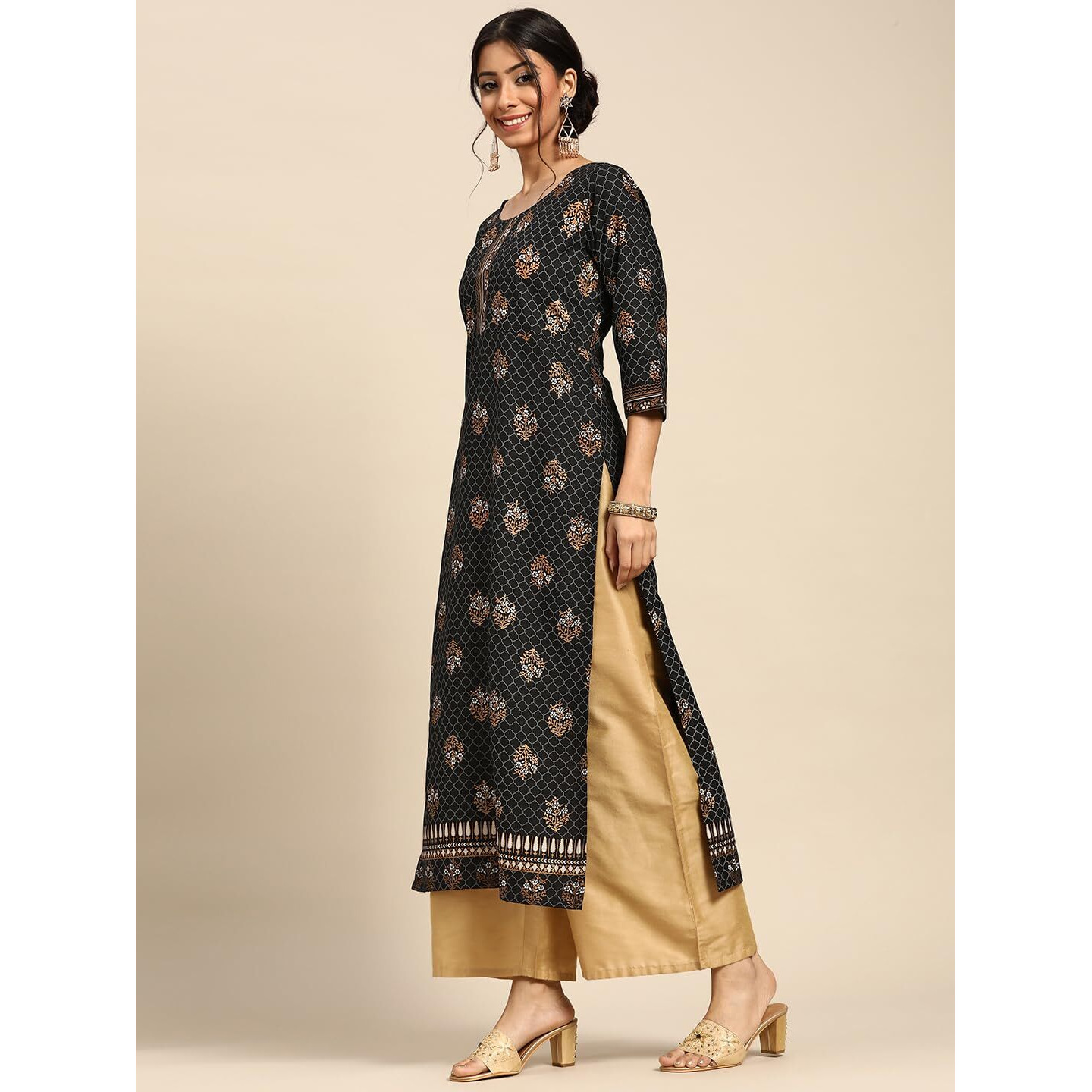 Libas Women's Viscose Rayon Floral Straight Kurta (G2484_Black_S)
