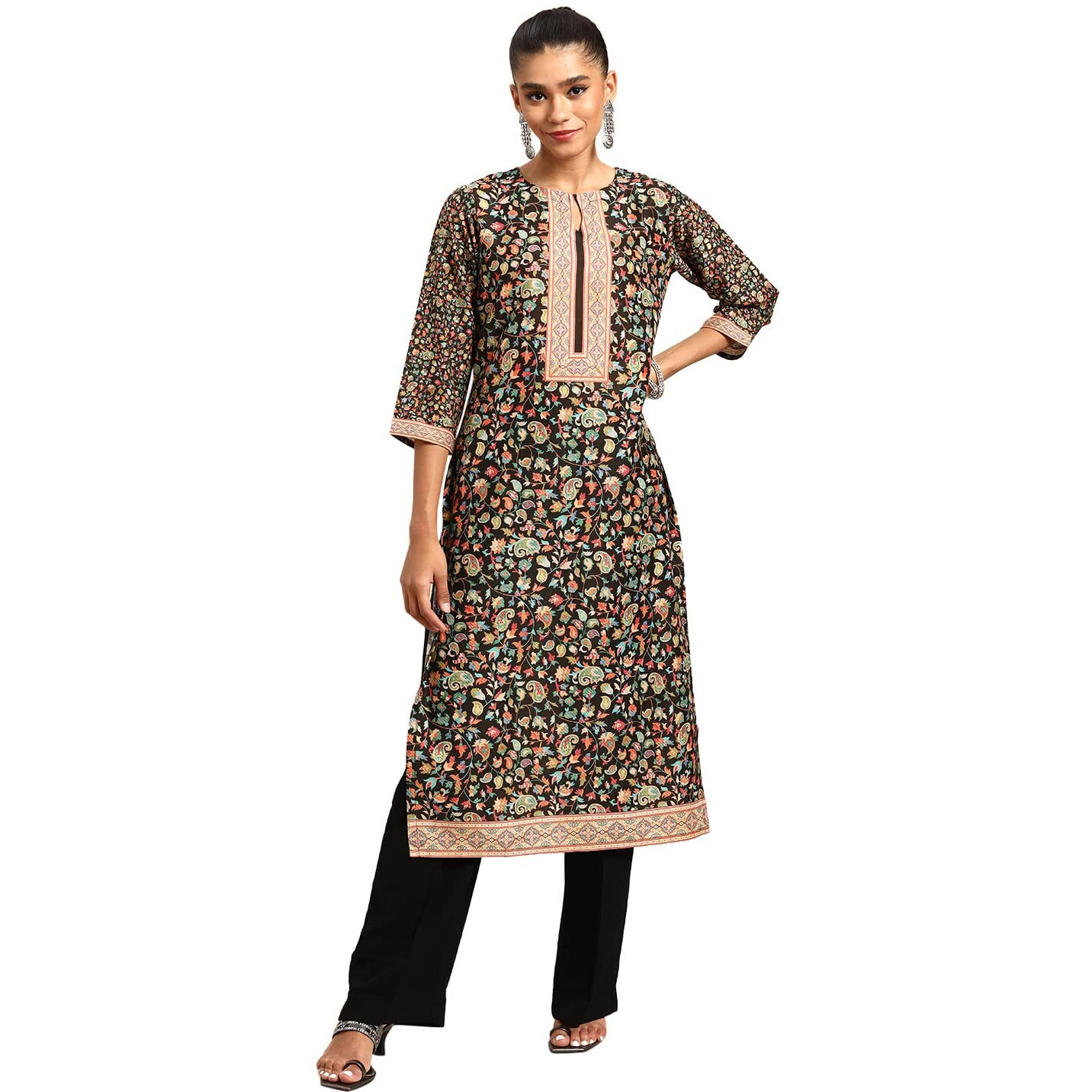 Libas Gerua Womens Printed Viscose Straight Kurta For Women Black