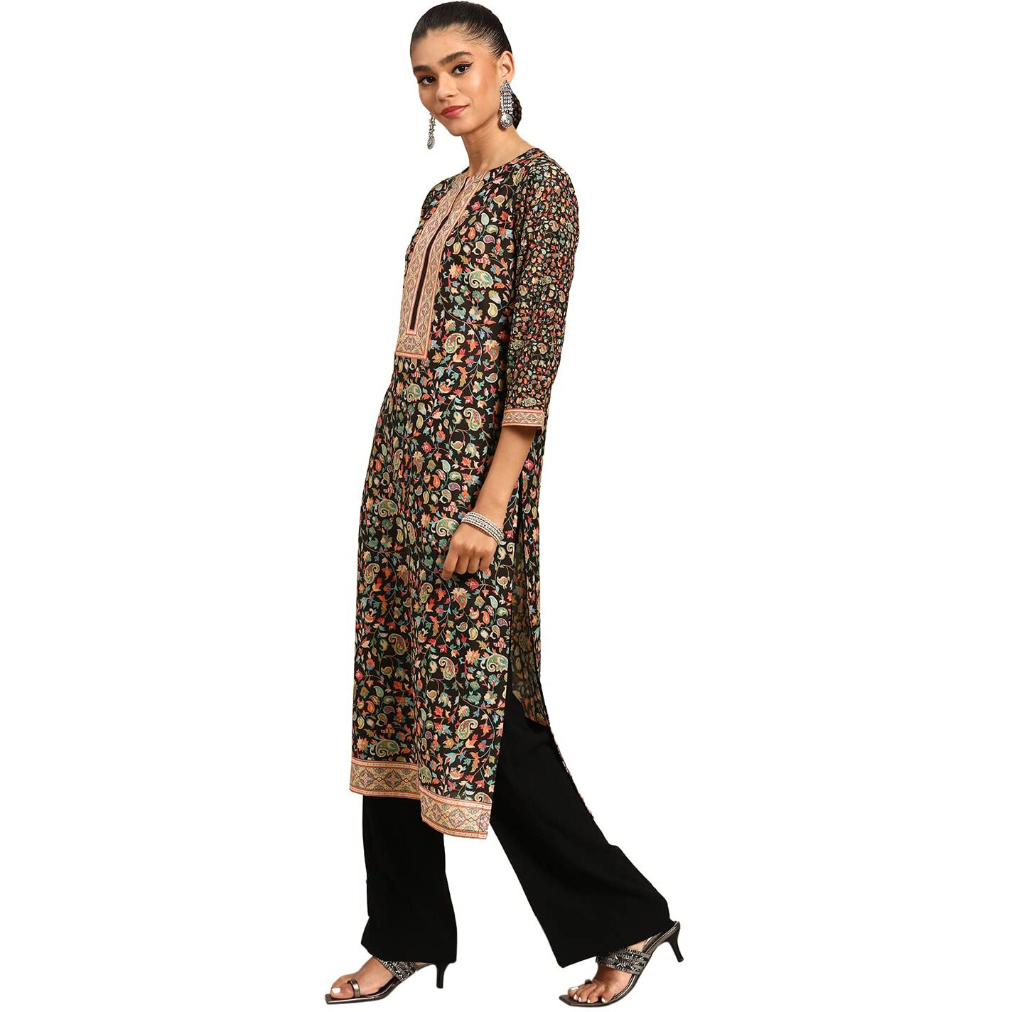 Libas Gerua Womens Printed Viscose Straight Kurta For Women Black
