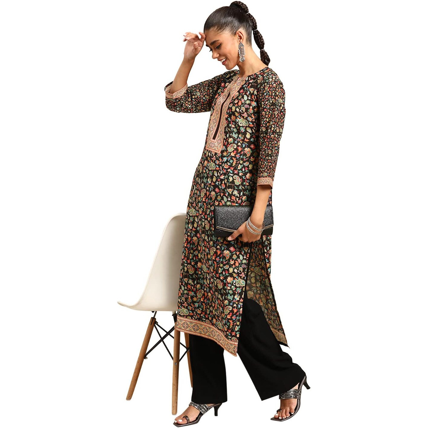 Libas Gerua Womens Printed Viscose Straight Kurta For Women Black