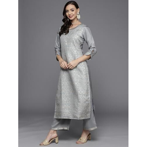 Libas Womens Woven Design Silk Blend Straight Kurta With Palazzos And Dupatta