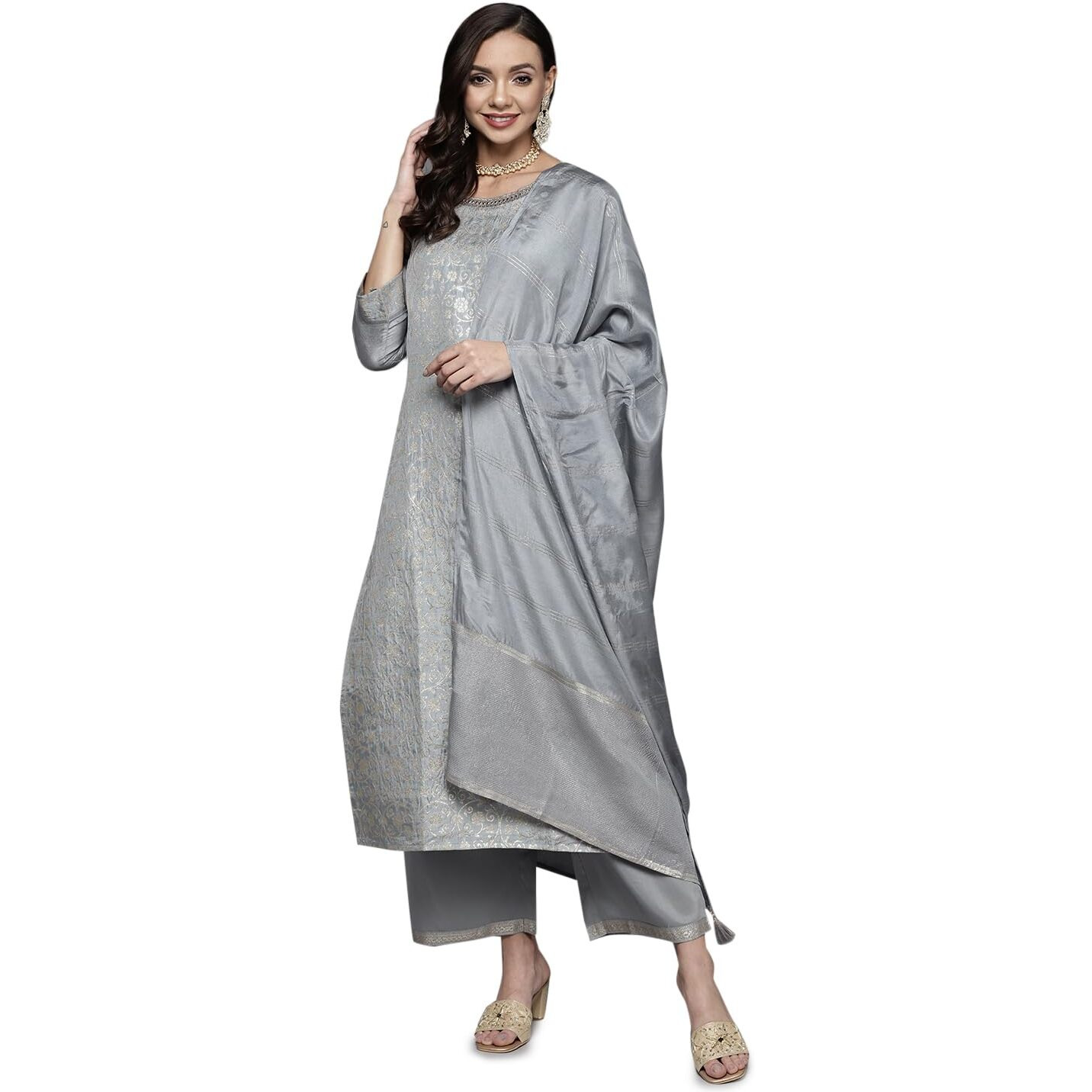 Libas Womens Woven Design Silk Blend Straight Kurta With Palazzos And Dupatta