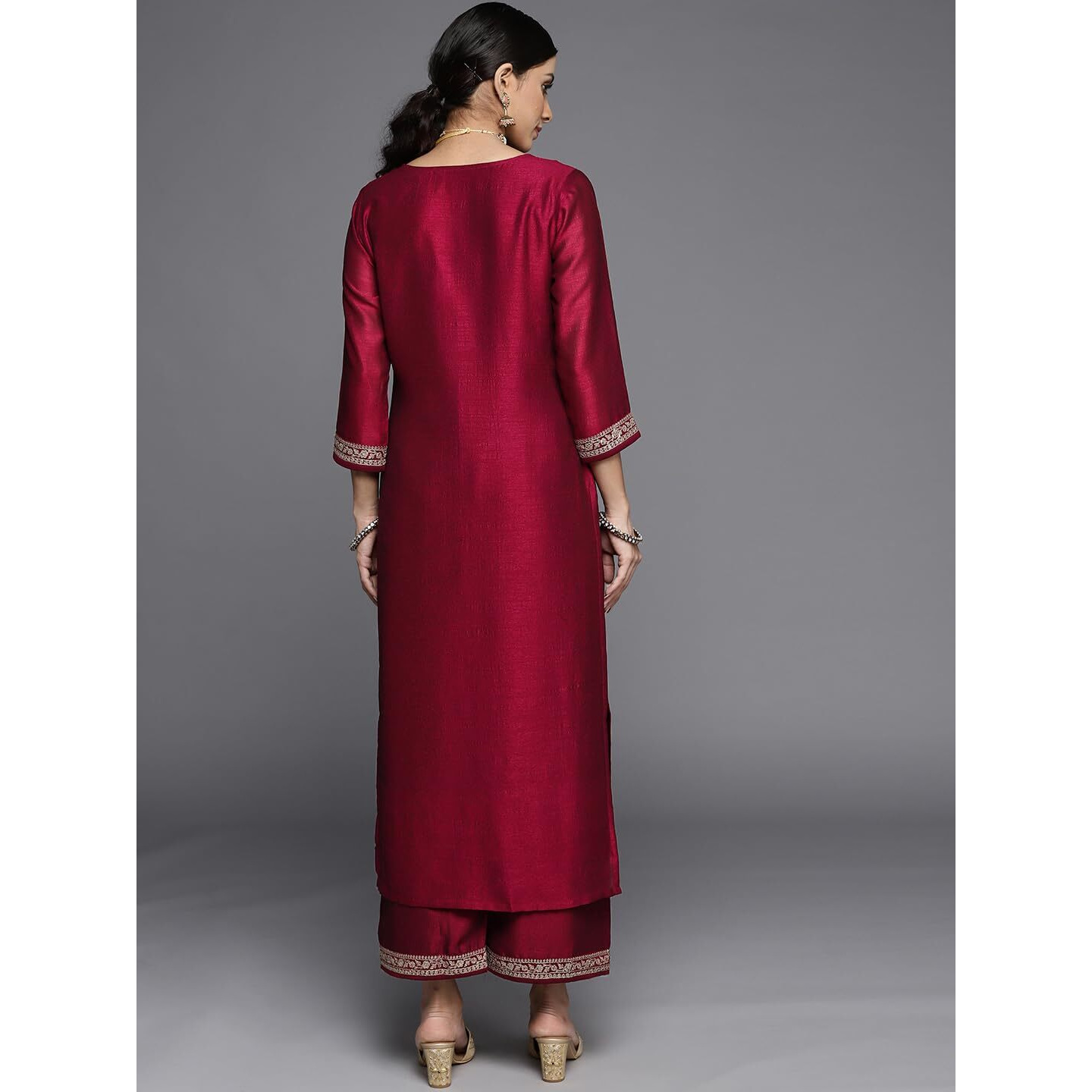 Libas Women's Silk Yoke Design Straight Kurta (23513O_Fuchsia