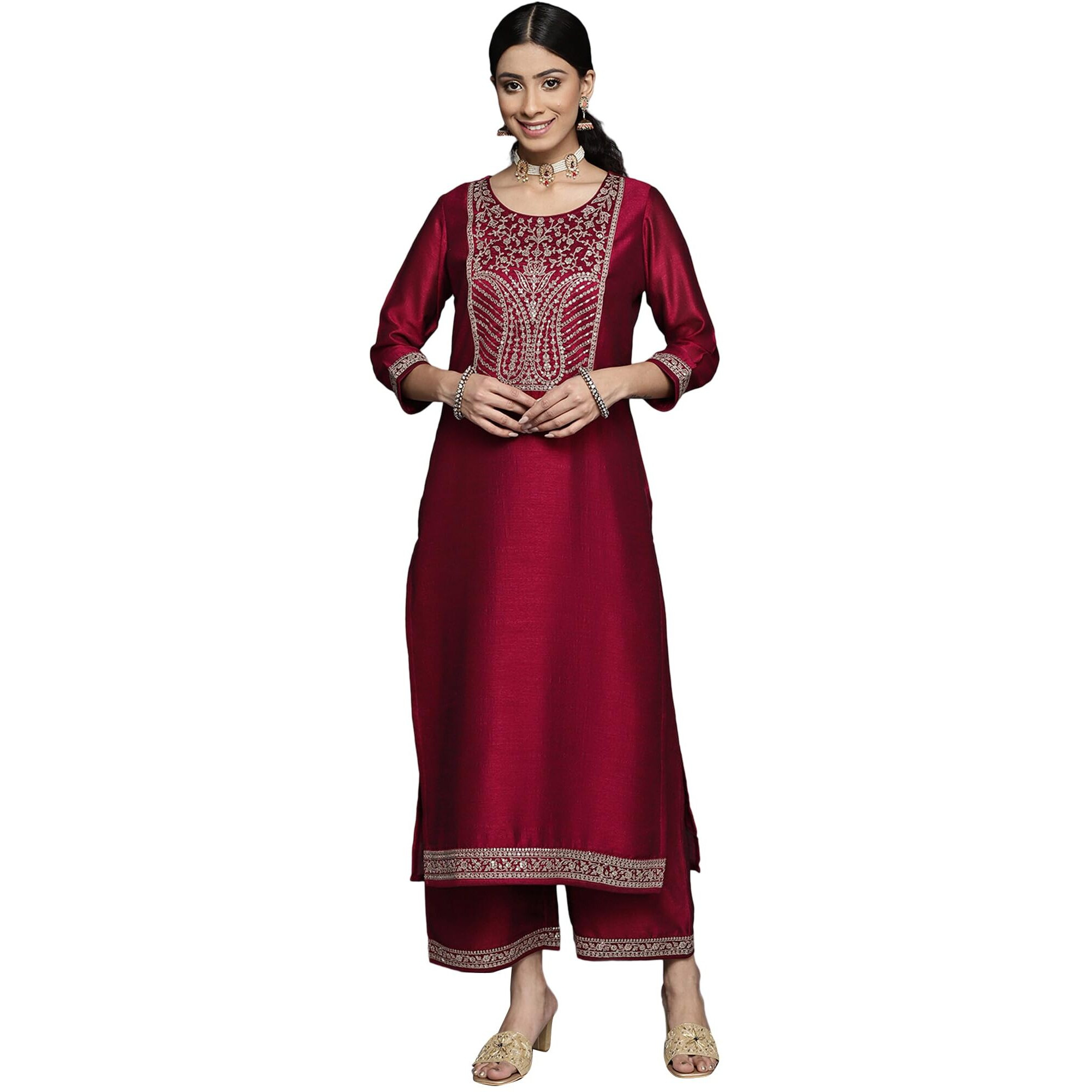 Libas Women's Silk Yoke Design Straight Kurta (23513O_Fuchsia