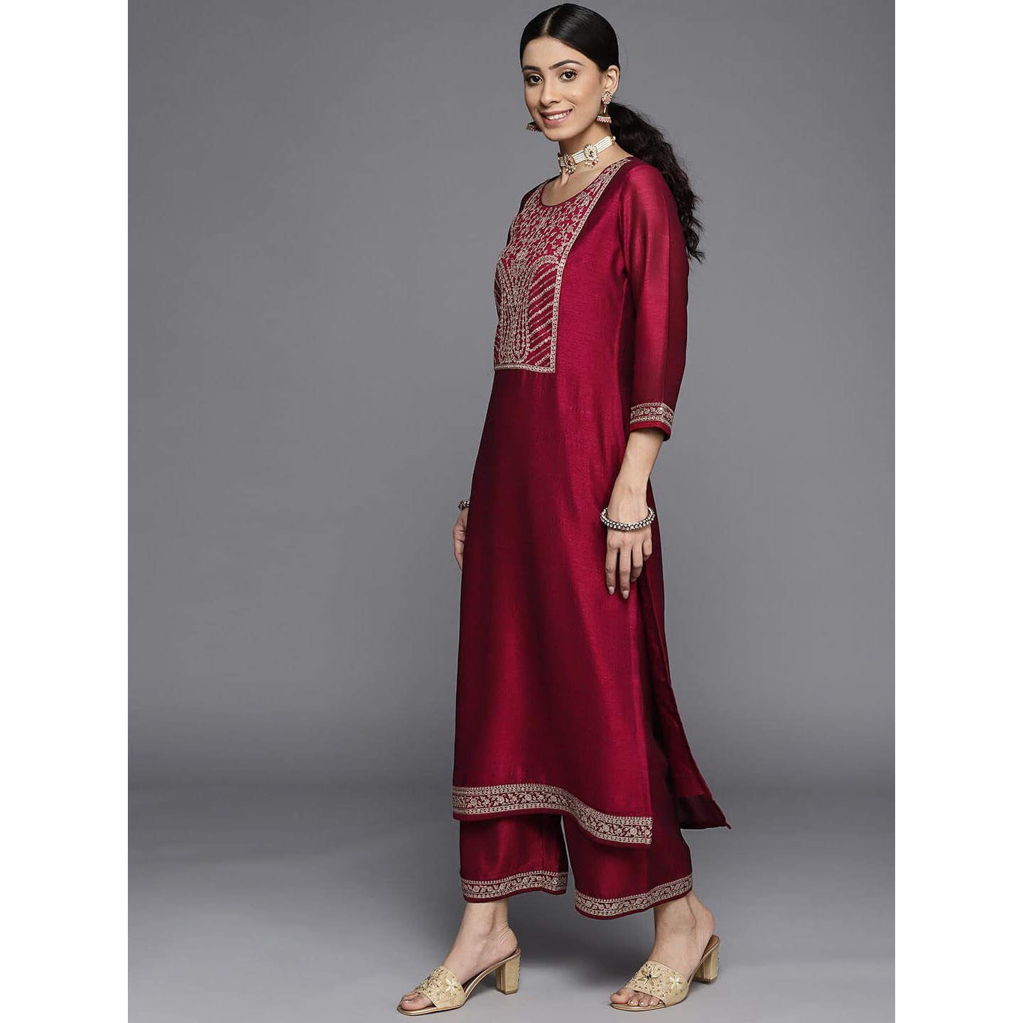 Libas Women's Silk Yoke Design Straight Kurta (23513O_Fuchsia