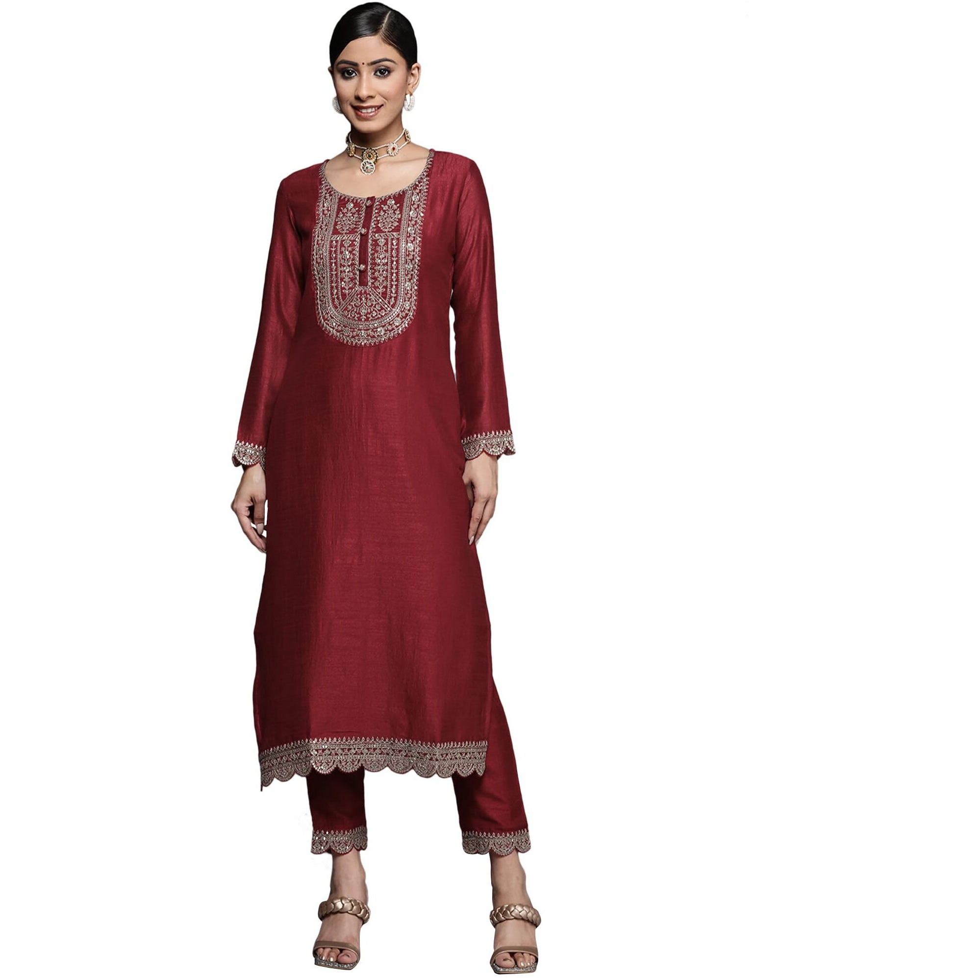 Libas Women's Silk Embellished Straight Kurta (23518O_Maroon