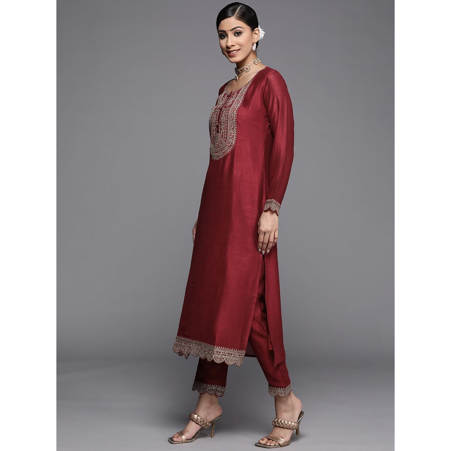 Libas Women's Silk Embellished Straight Kurta (23518O_Maroon
