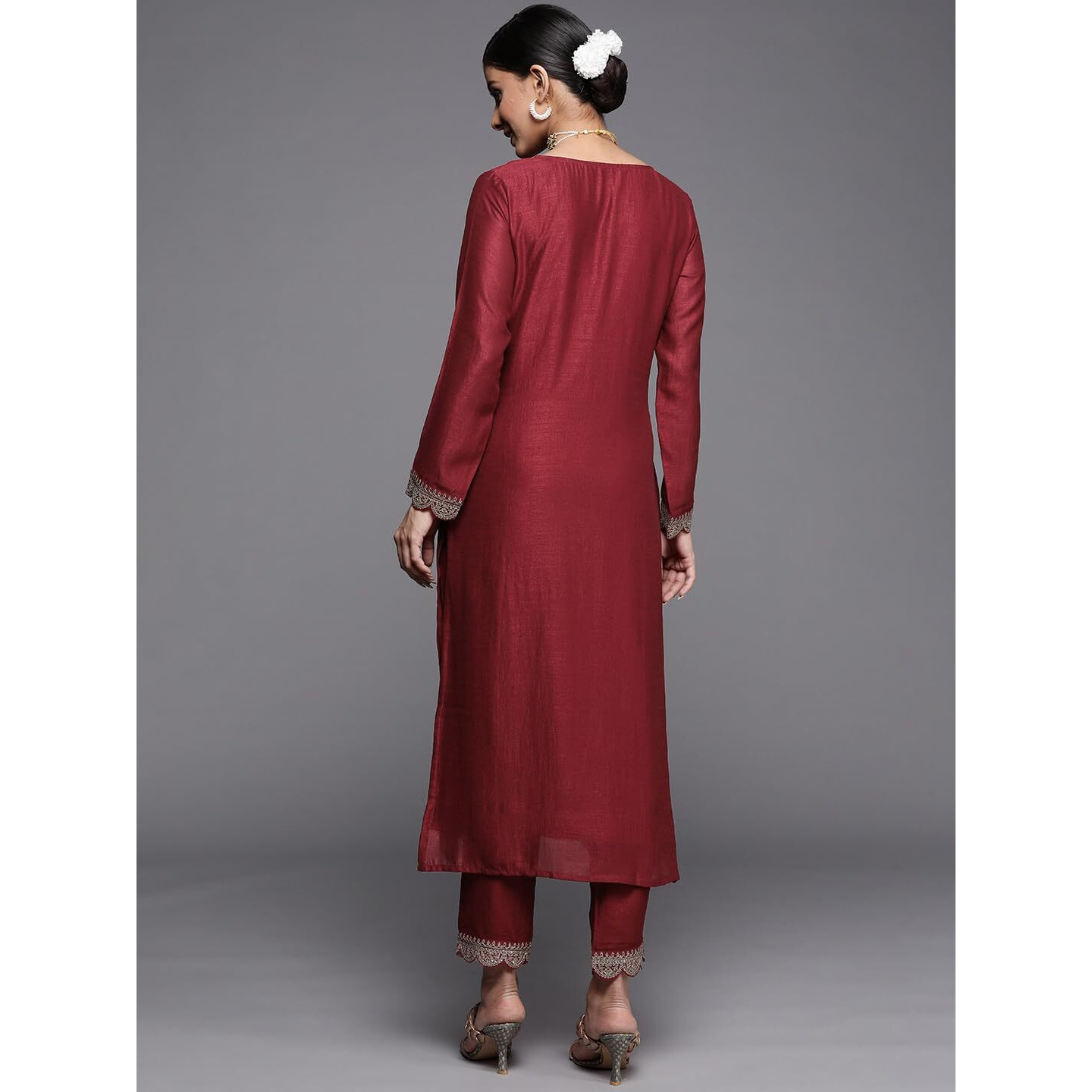 Libas Women's Silk Embellished Straight Kurta (23518O_Maroon