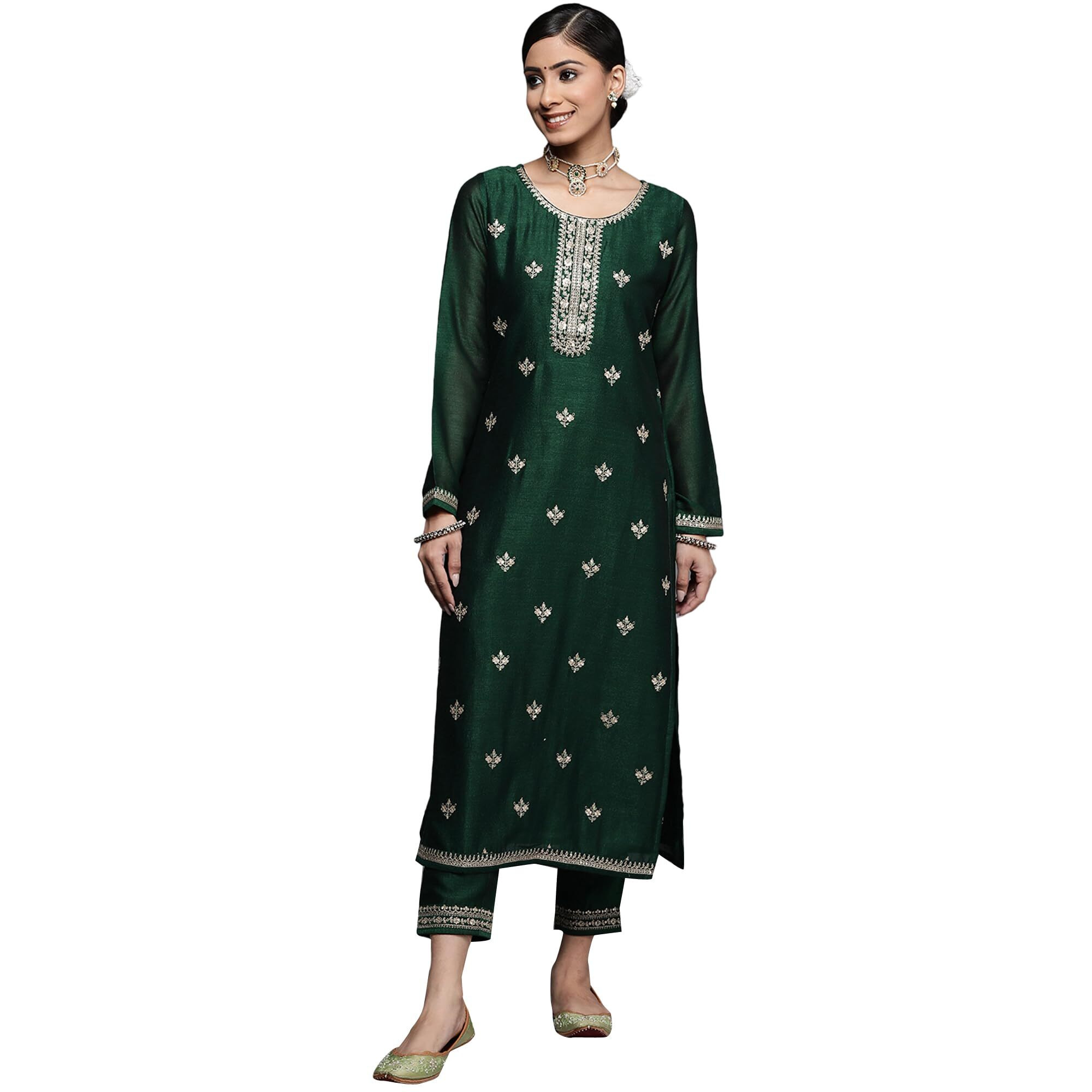 Libas Women's Silk Yoke Design Straight Kurta (23515O_Green