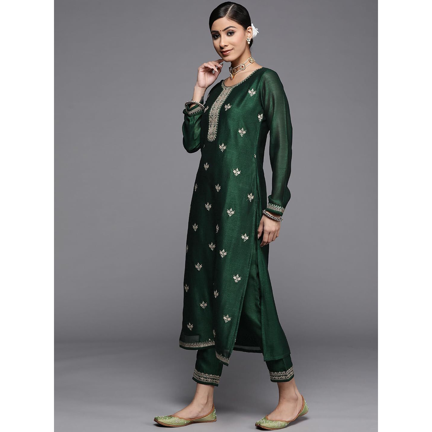 Libas Women's Silk Yoke Design Straight Kurta (23515O_Green