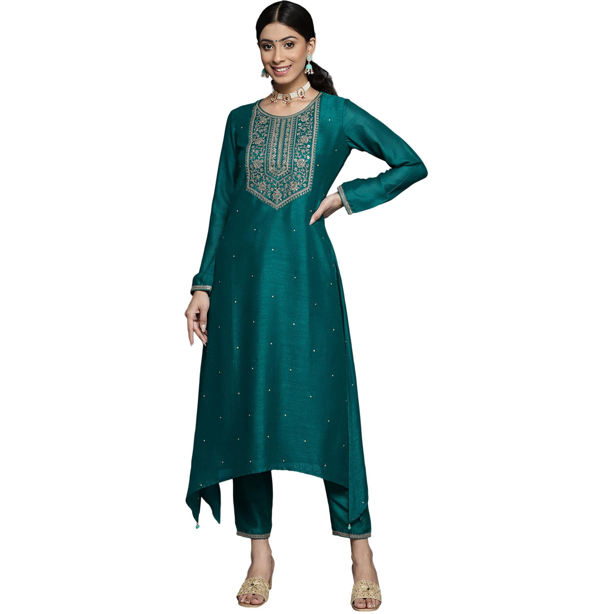 Libas Women's Silk Yoke Design A-Line Kurta (23516O_Teal