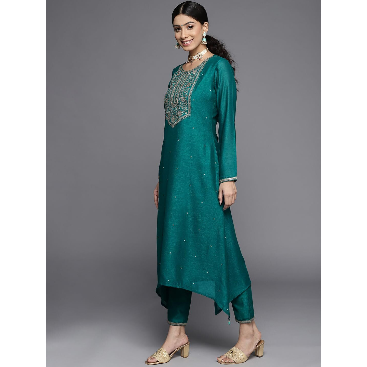 Libas Women's Silk Yoke Design A-Line Kurta (23516O_Teal