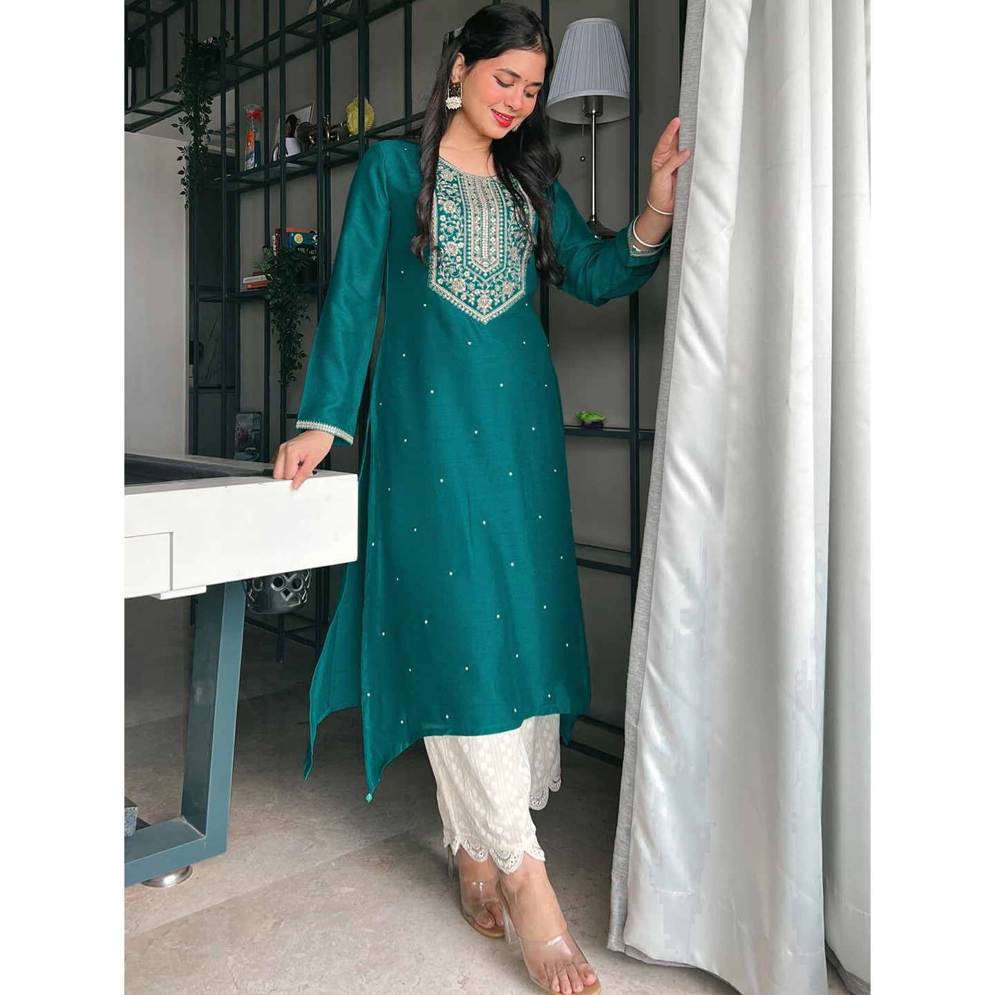 Libas Women's Silk Yoke Design A-Line Kurta (23516O_Teal