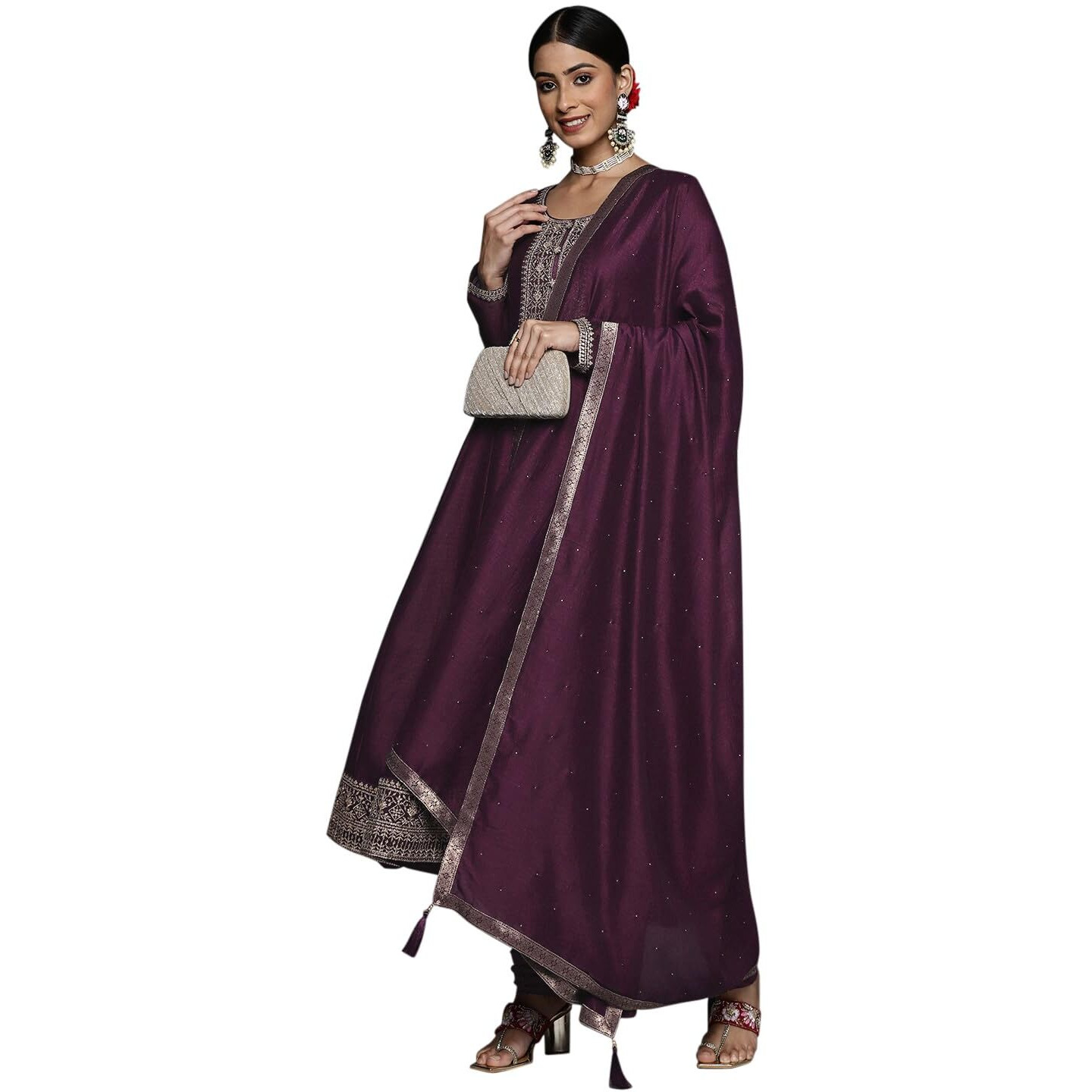 Libas Purple Yoke Design Silk Blend Anarkali Kurta With Churidar & Dupatta