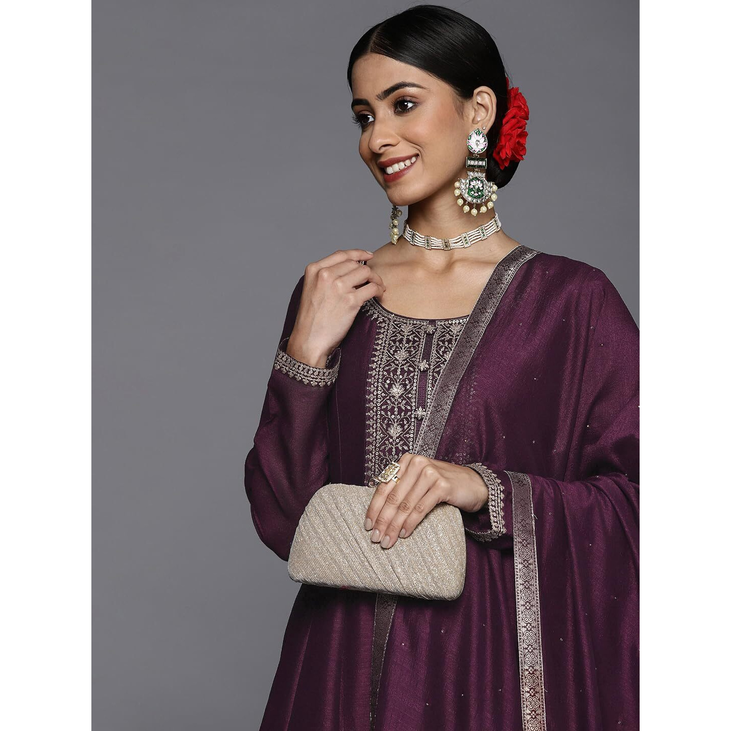 Libas Purple Yoke Design Silk Blend Anarkali Kurta With Churidar & Dupatta
