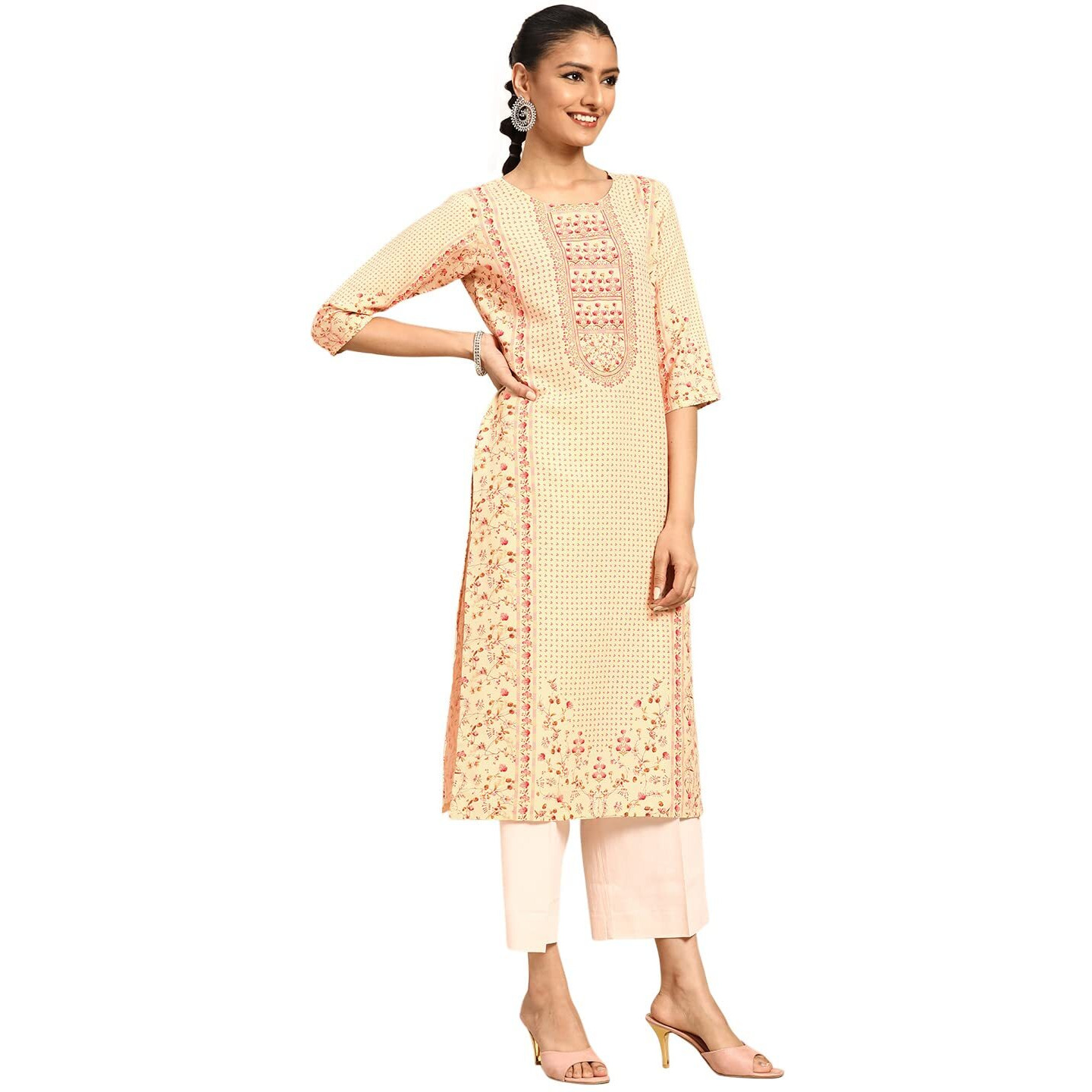 Libas Women's Viscose Rayon Floral Straight Kurta (G2531_Yellow_Xs)