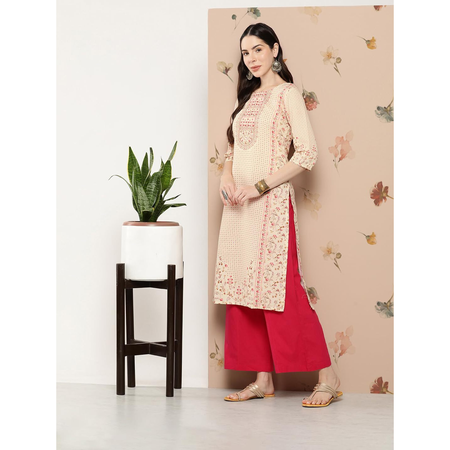 Libas Women's Viscose Rayon Floral Straight Kurta (G2531_Yellow_Xs)