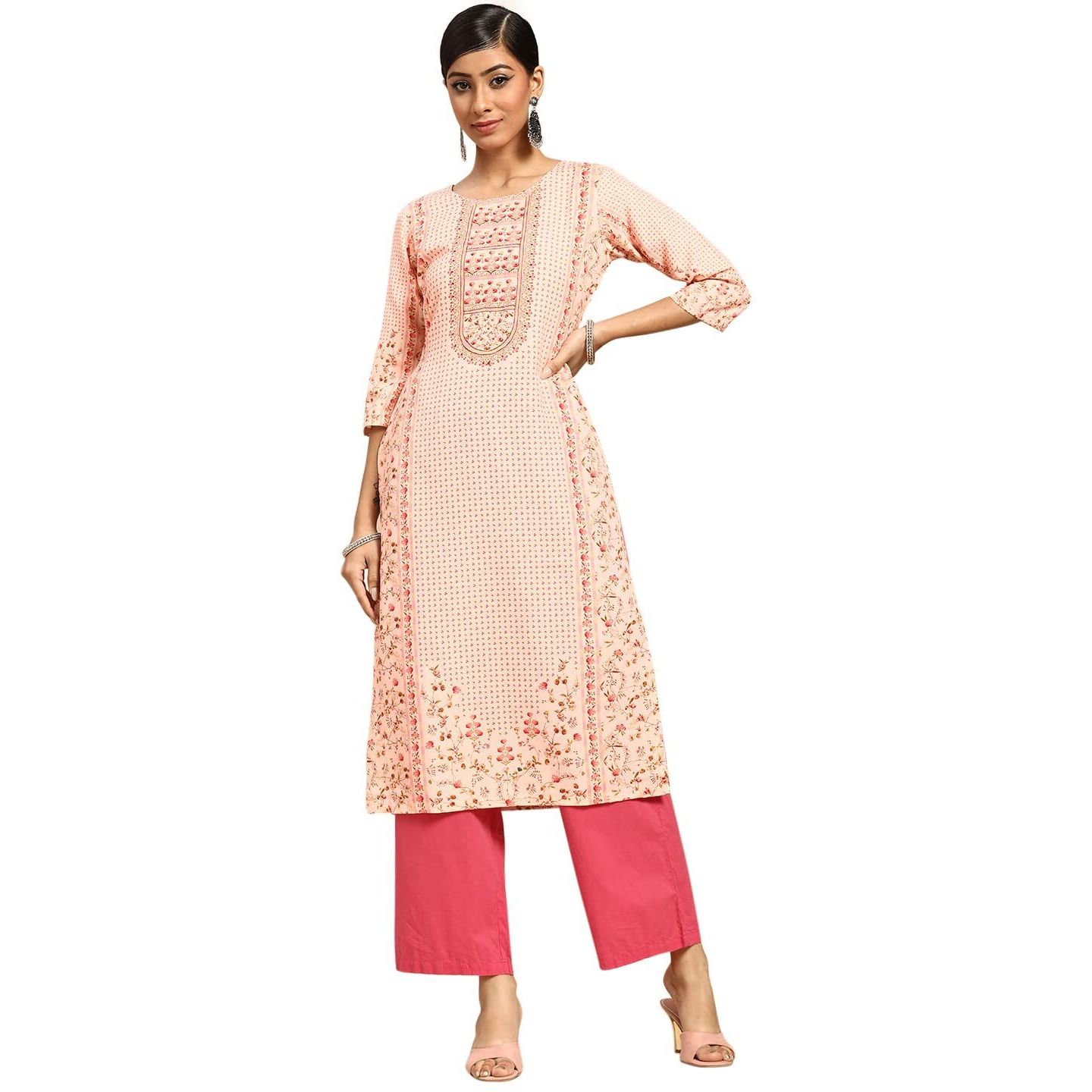 Libas Women's Viscose Rayon Floral Straight Kurta (G2530_Pink_Xs)
