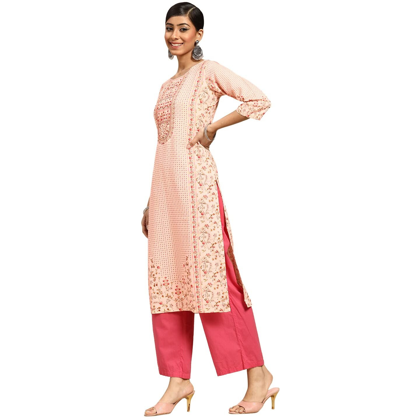 Libas Women's Viscose Rayon Floral Straight Kurta (G2530_Pink_Xs)