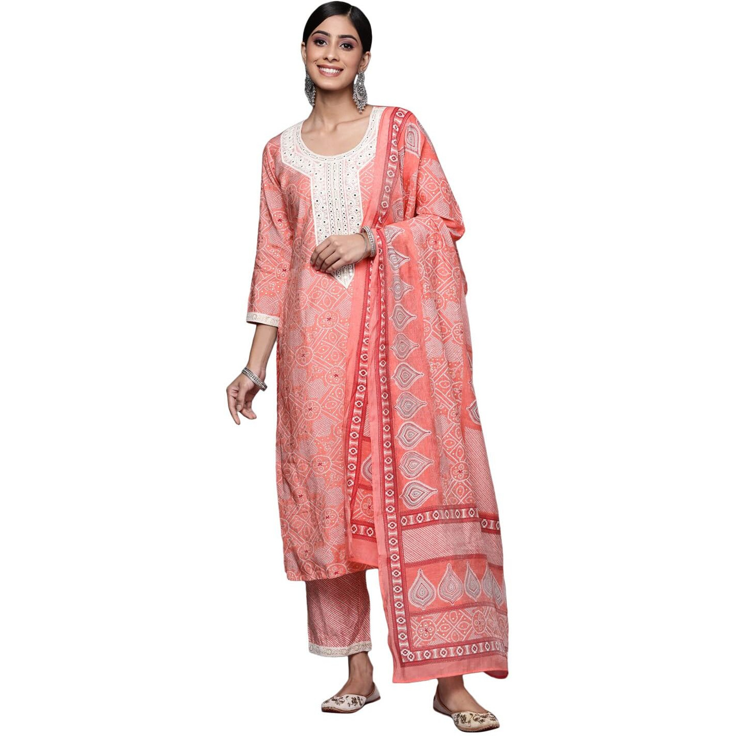 Libas Womens Printed Silk Blend Straight Kurta With Trousers And Dupatta