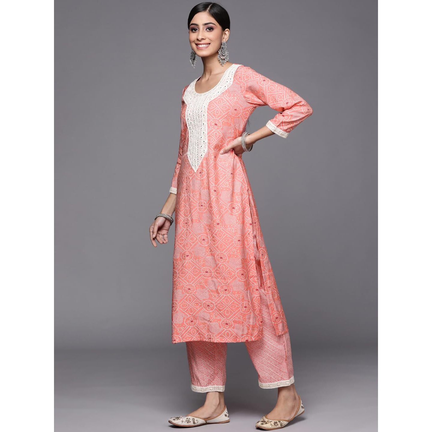 Libas Womens Printed Silk Blend Straight Kurta With Trousers And Dupatta