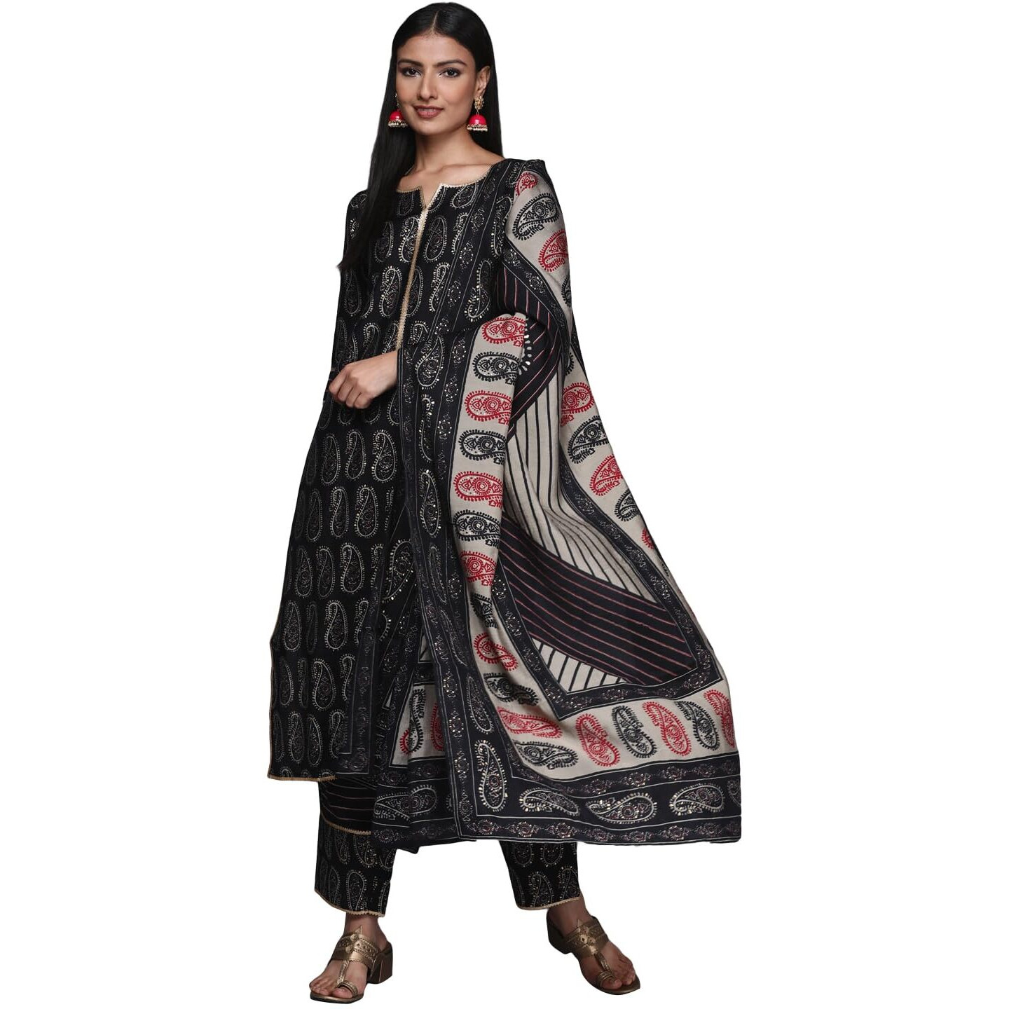 Libas Womens Printed Silk Blend Straight Kurta With Trousers And Dupatta