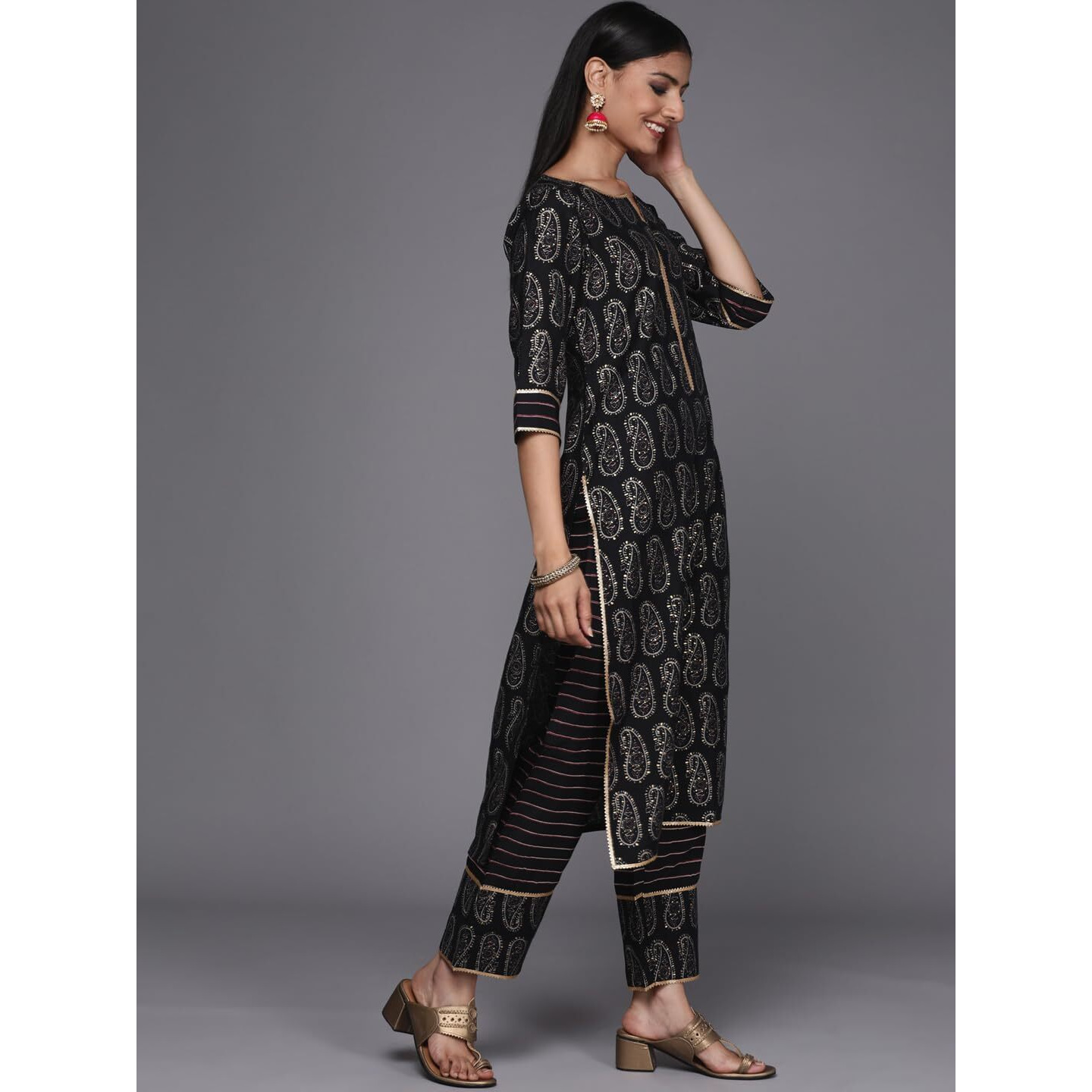 Libas Womens Printed Silk Blend Straight Kurta With Trousers And Dupatta