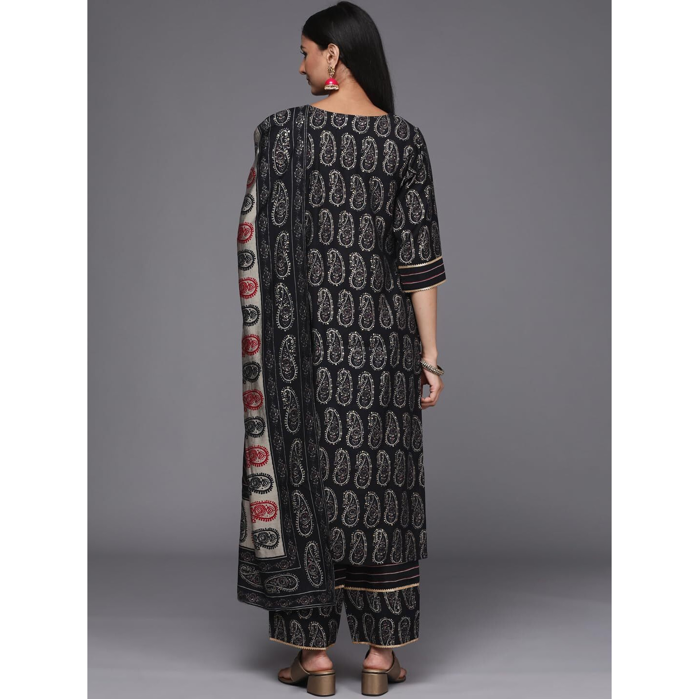 Libas Womens Printed Silk Blend Straight Kurta With Trousers And Dupatta