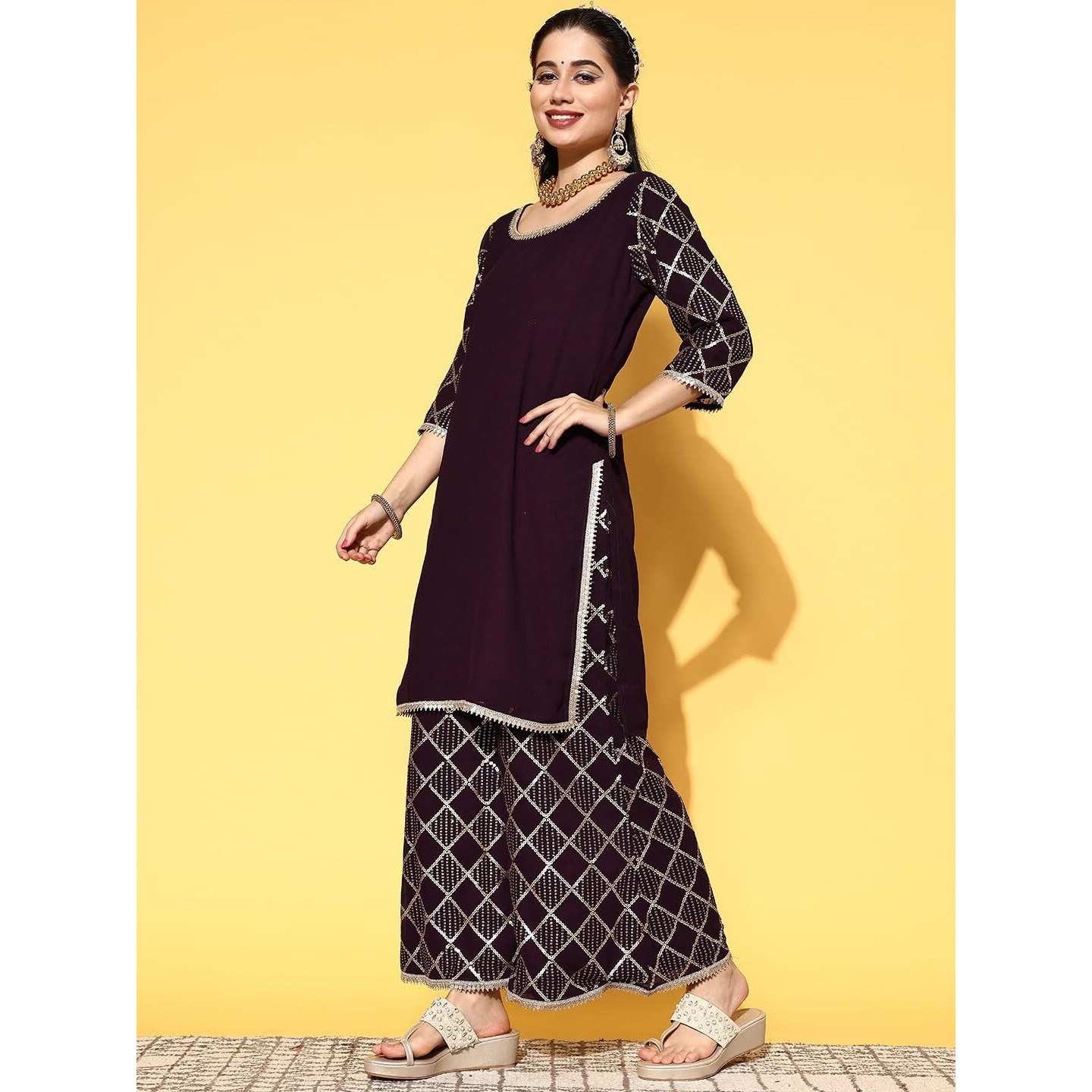 Libas Womens Solid Georgette Straight Kurta With Palazzos And Dupatta