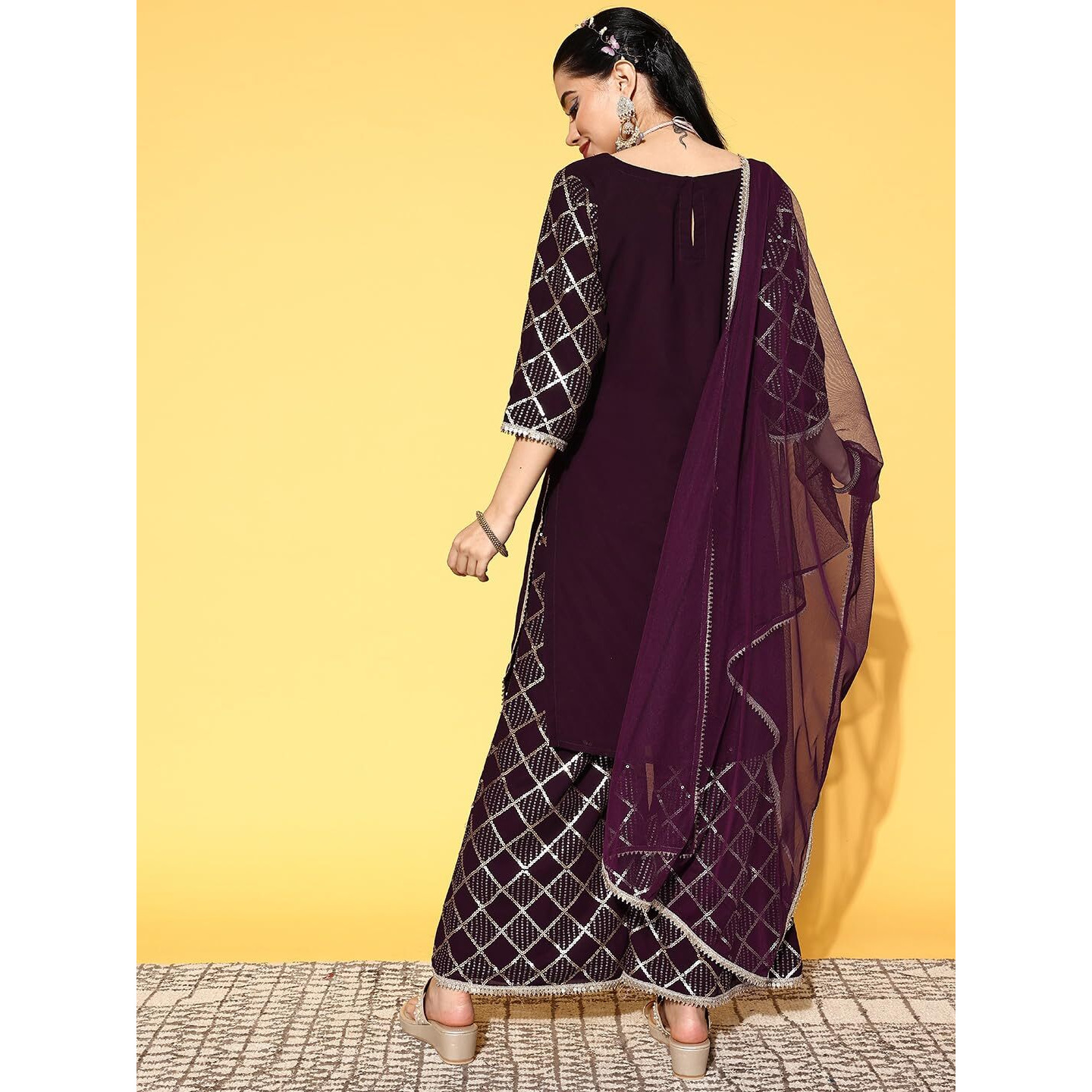 Libas Womens Solid Georgette Straight Kurta With Palazzos And Dupatta